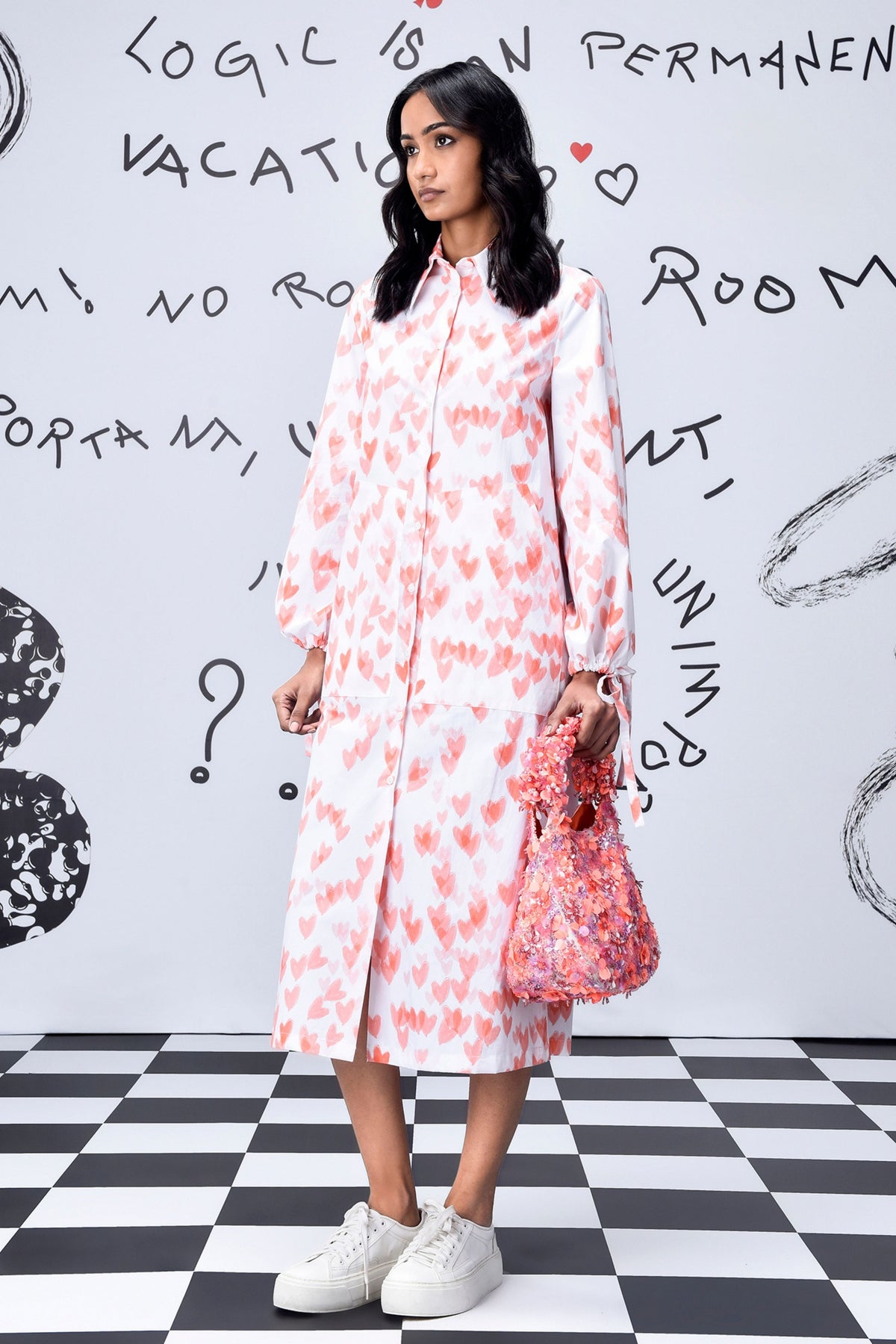 Heart Print Dress Coral Peach