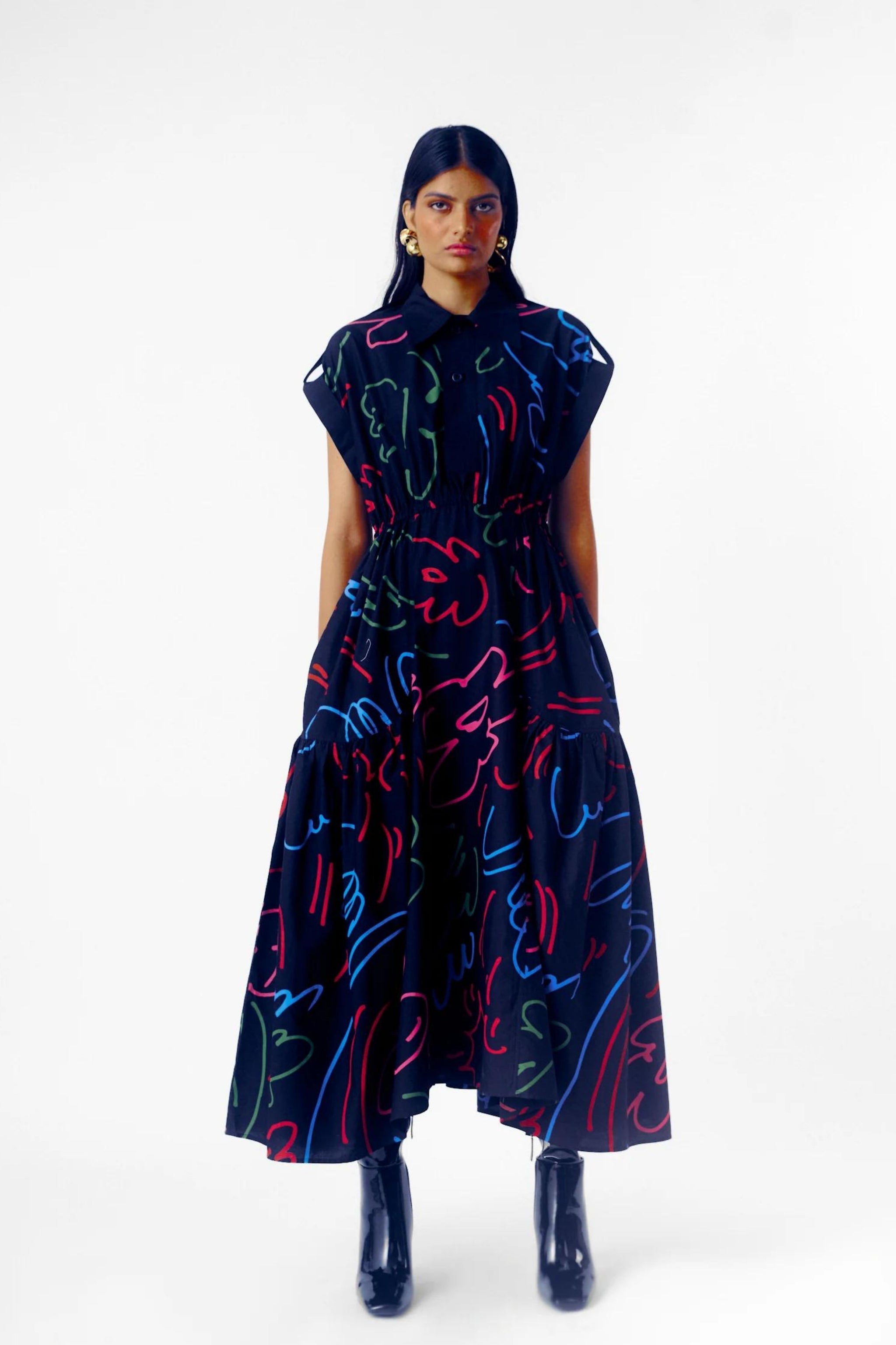 orient dress design Malaki Cotton Printed Herringbone Dress Large