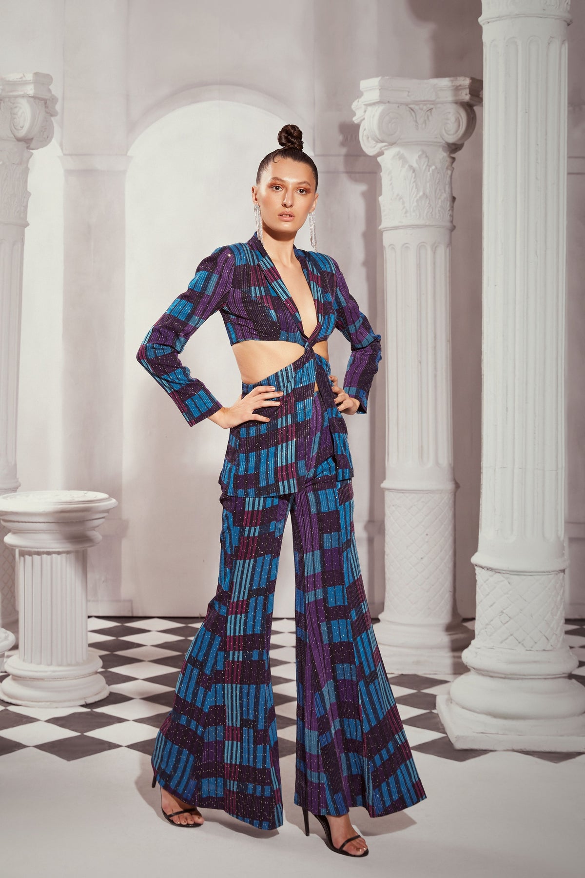 Blue Tile Print Cutout Front  Pantsuit Set