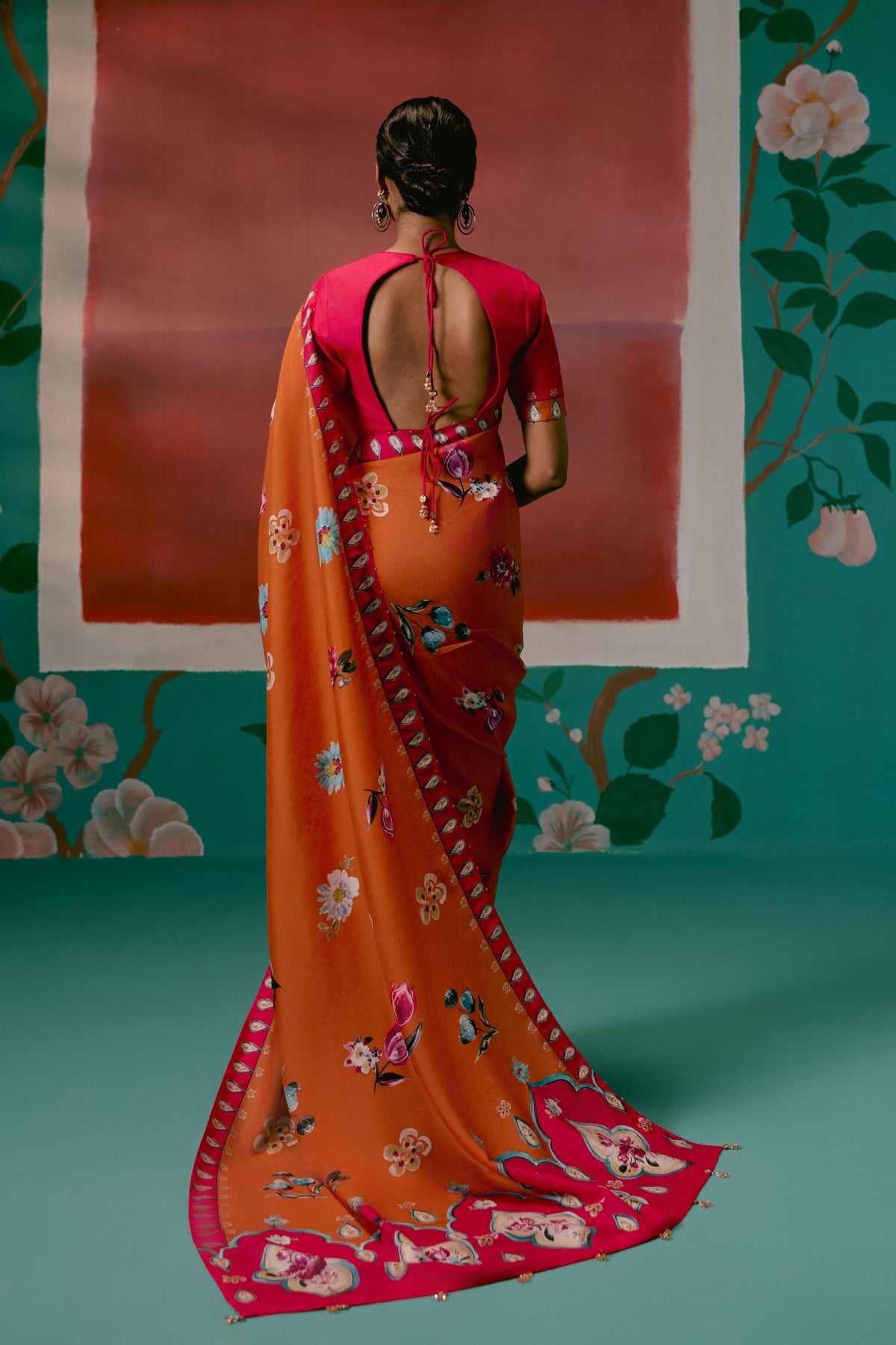 Tangerine and Fuschia Floral Saree