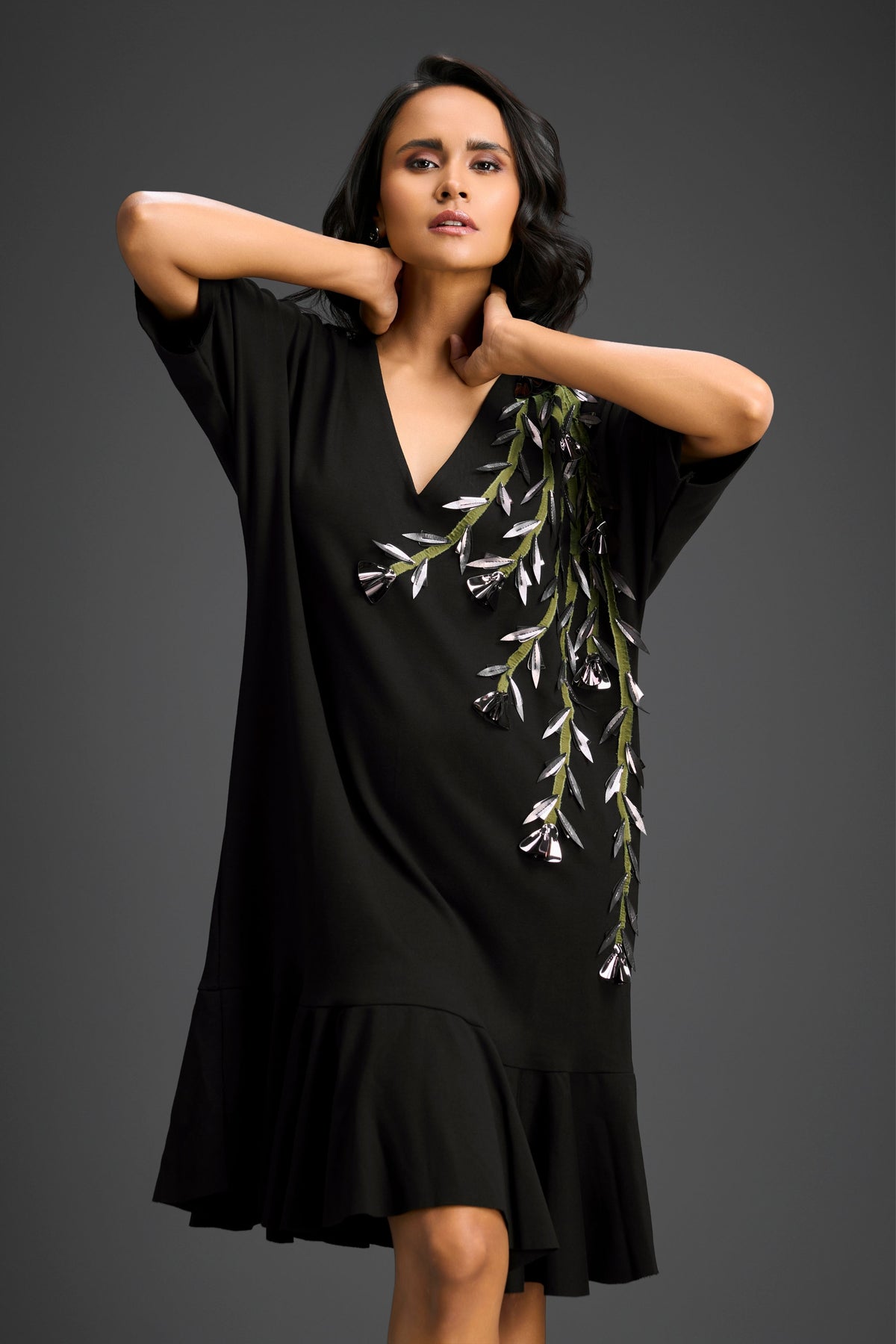 Black V-neck Embroidery Dress