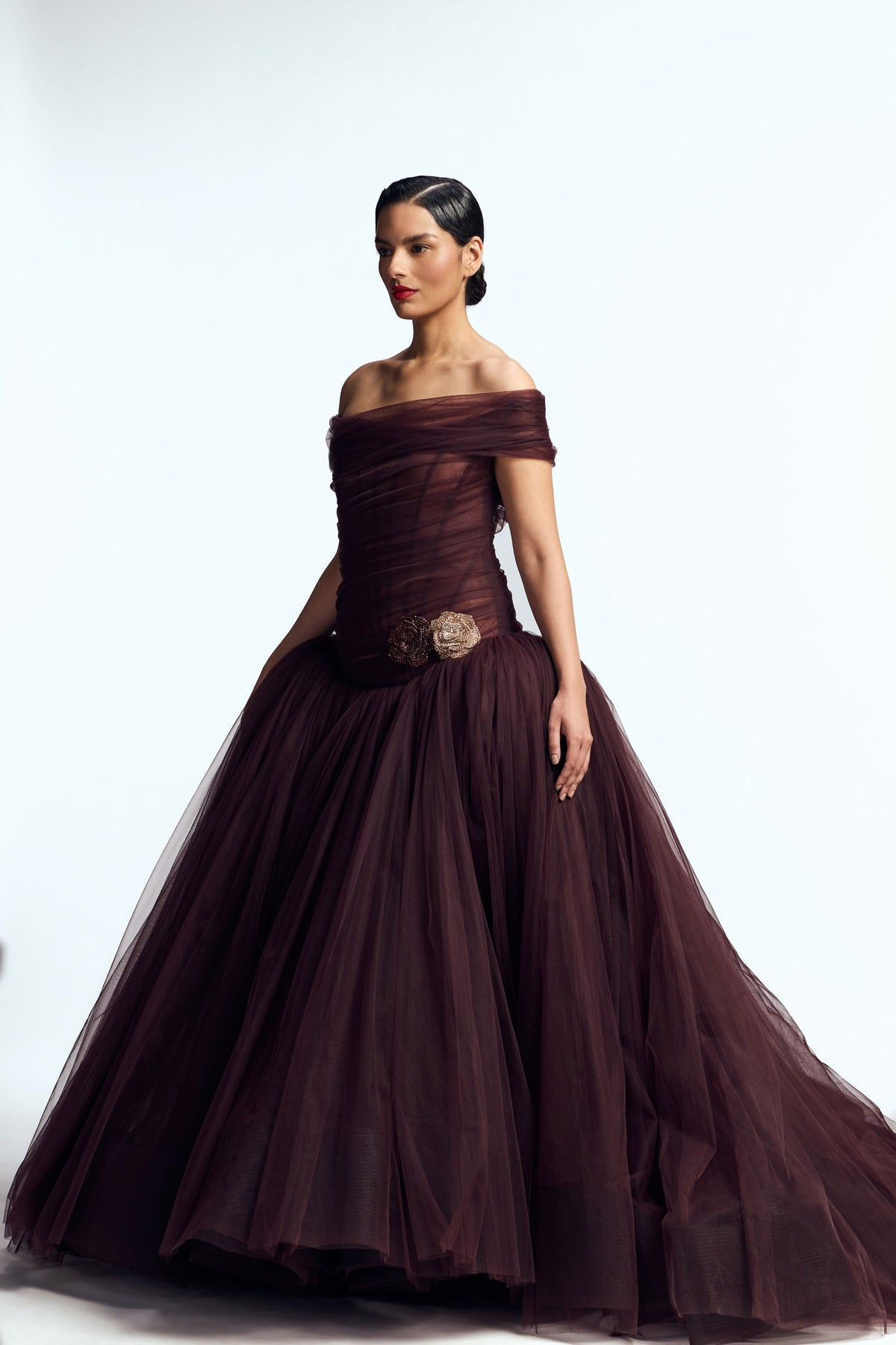 Off Shoulder Draped Tulle Gown