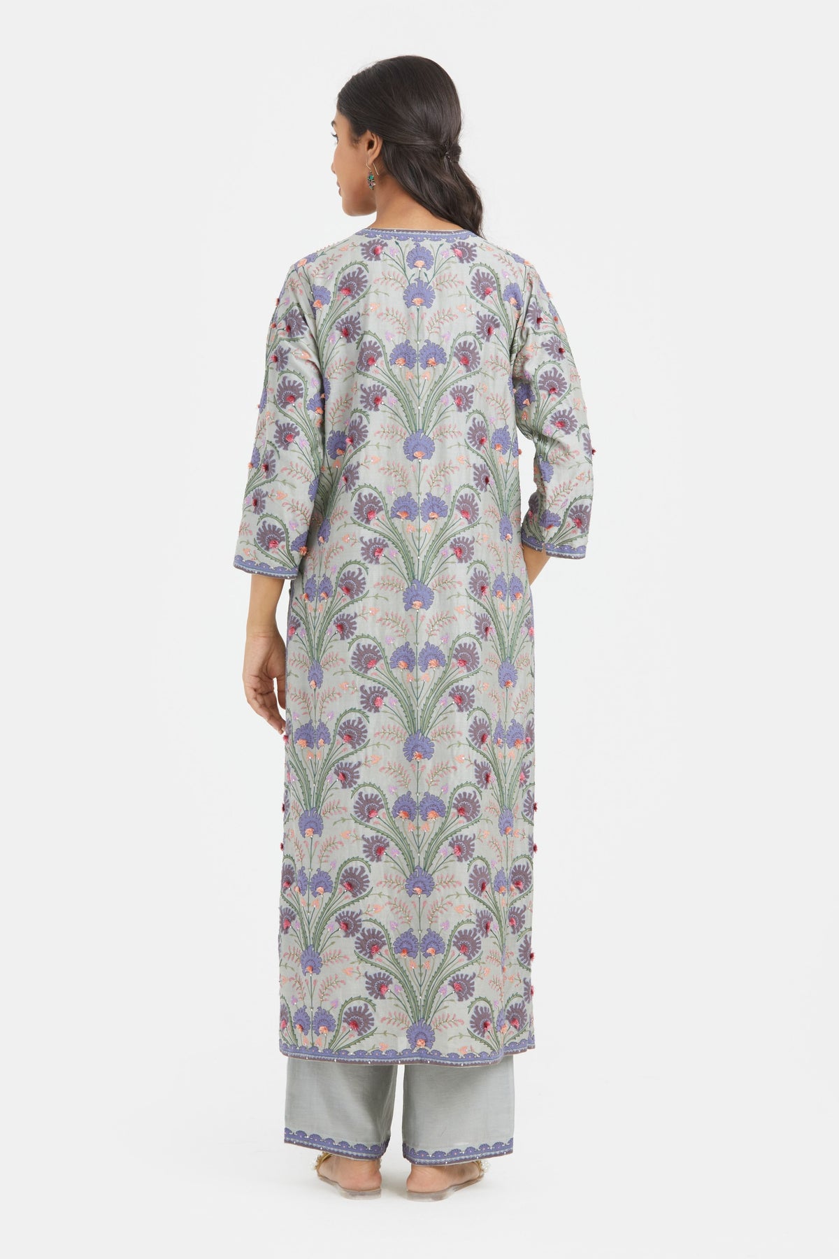 Appliqué Floral Bluish Grey Kurta
