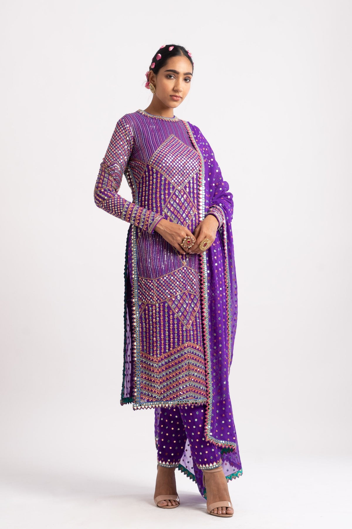 Purple multi embroidery kurta set
