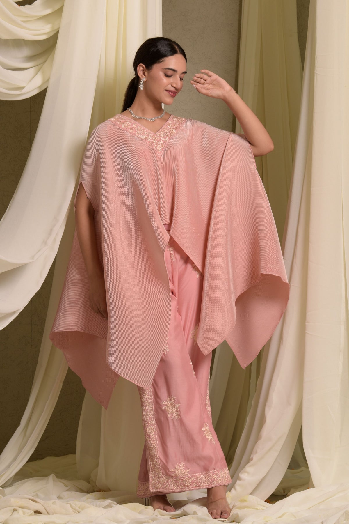 Glazed Embroidered Pleated Cape Set