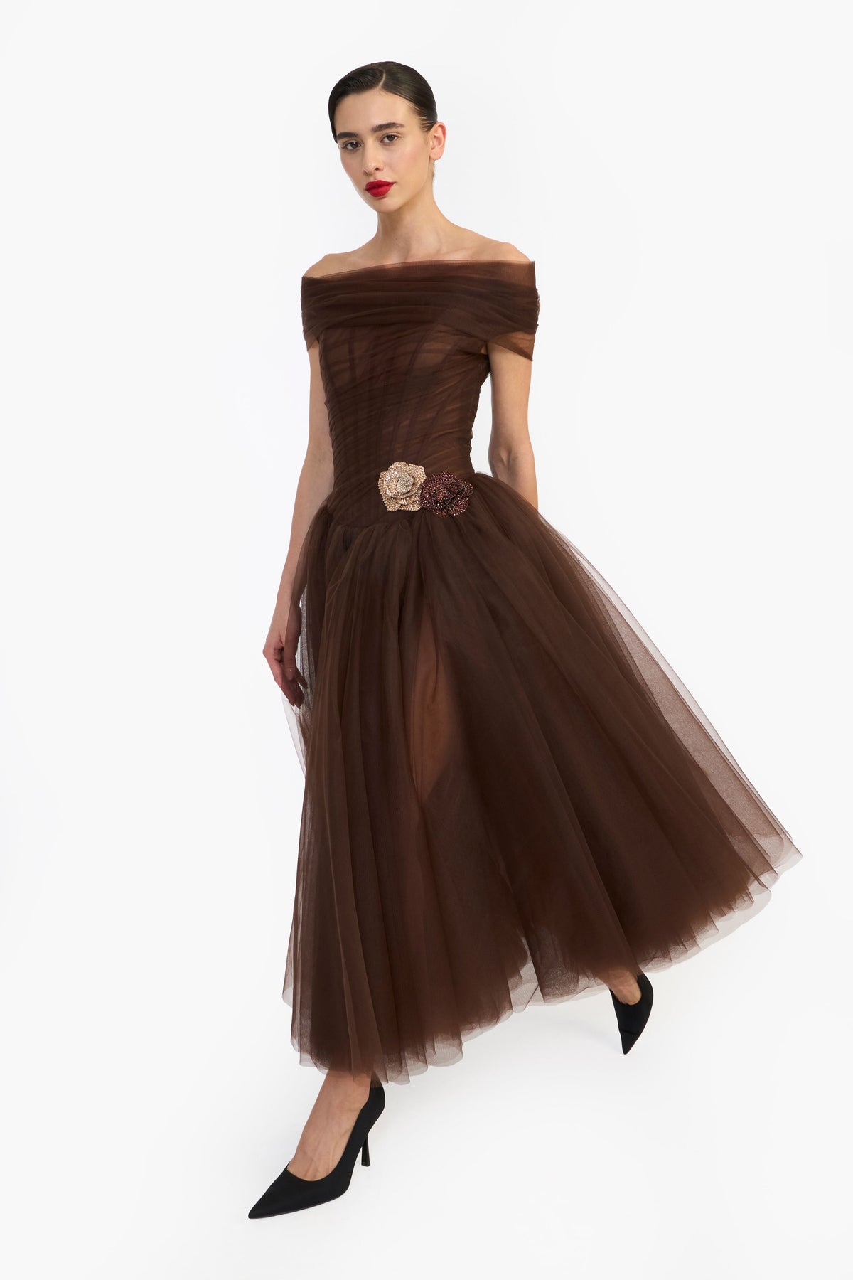 Off Shoulder Draped Tulle Midi