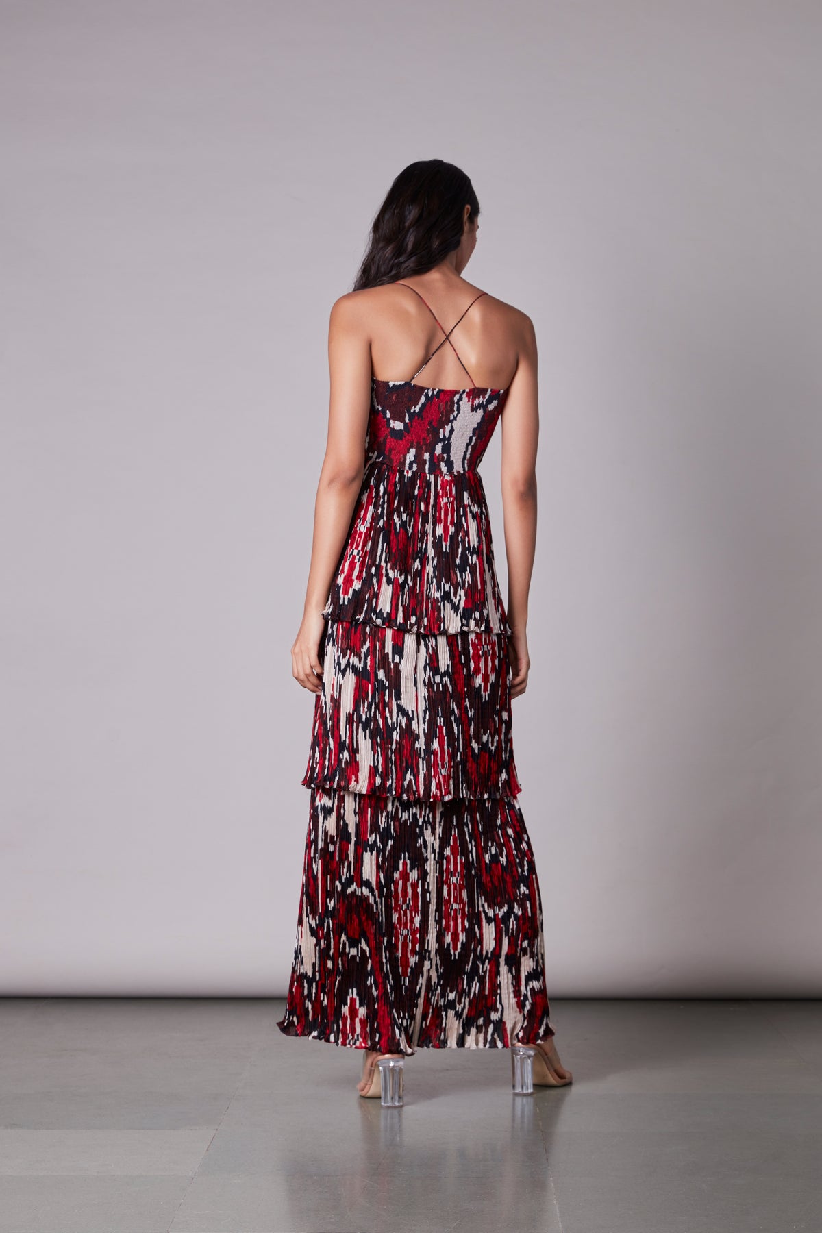 Ikat print three tiered maxi dress