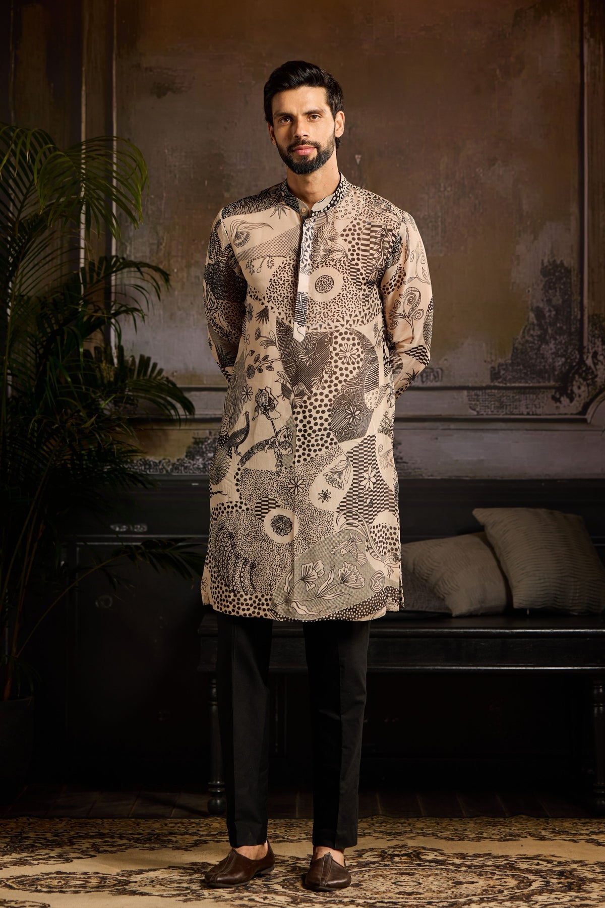 Beige and Black Kurta set