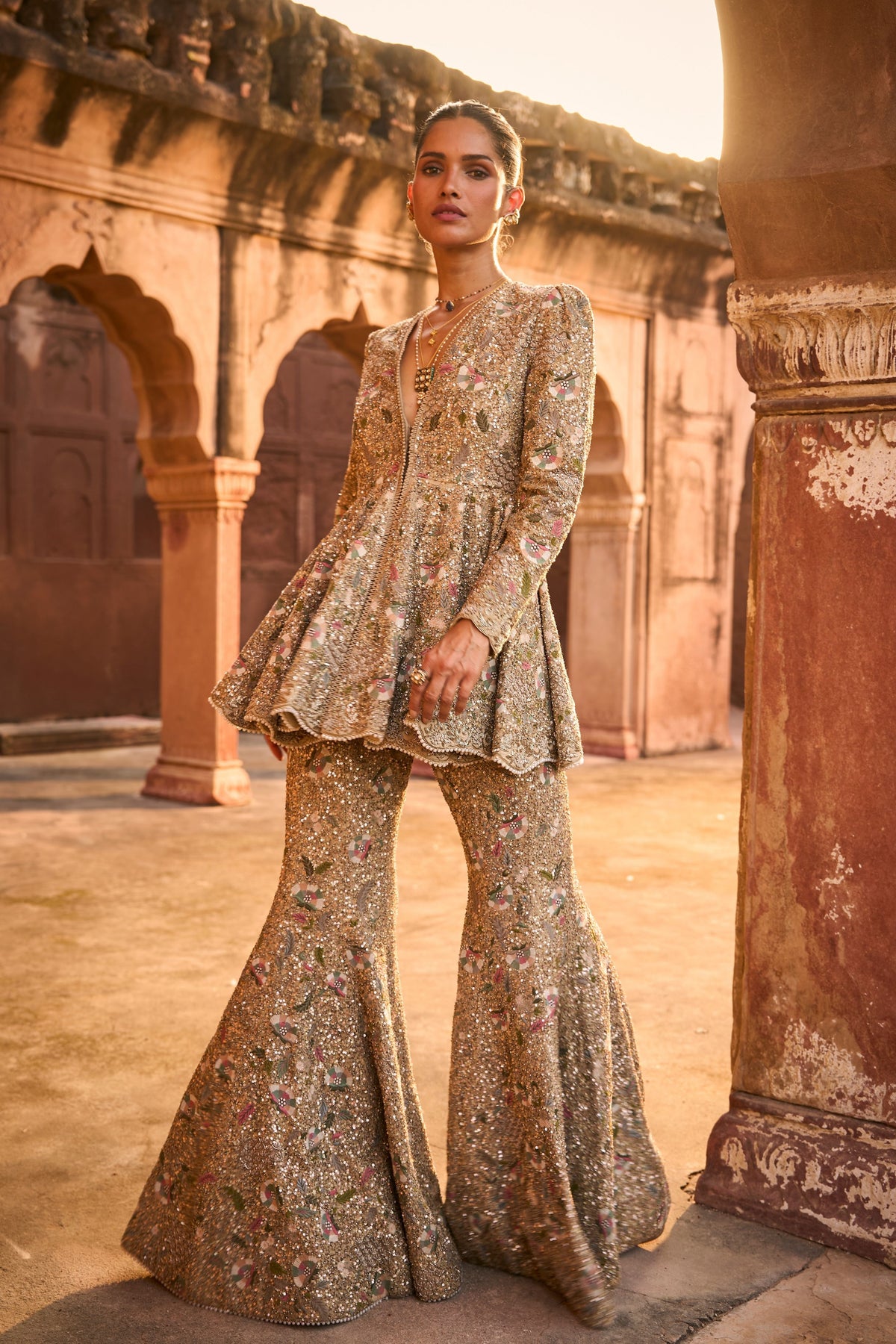 Embroidered Golden Beige Sharara Set