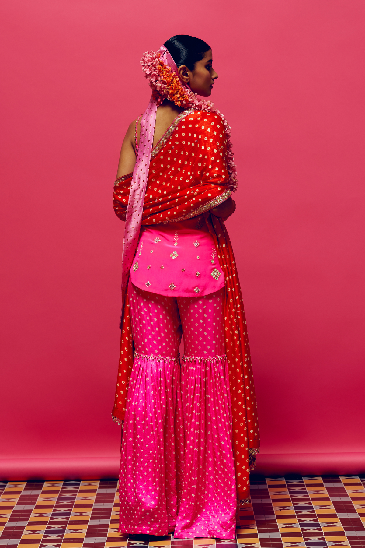 Neon Pink Embroidered Gharara Set