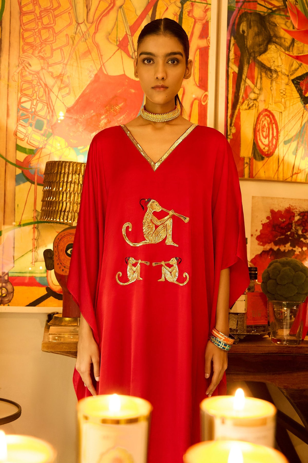 Red Kaftan With Monkey Motif