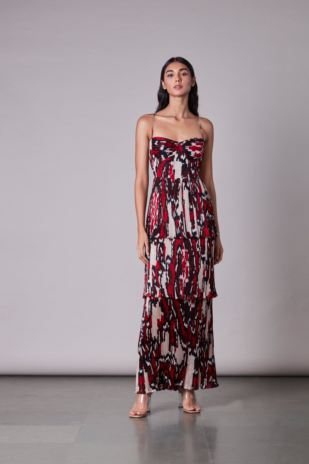 Ikat print three tiered maxi dress