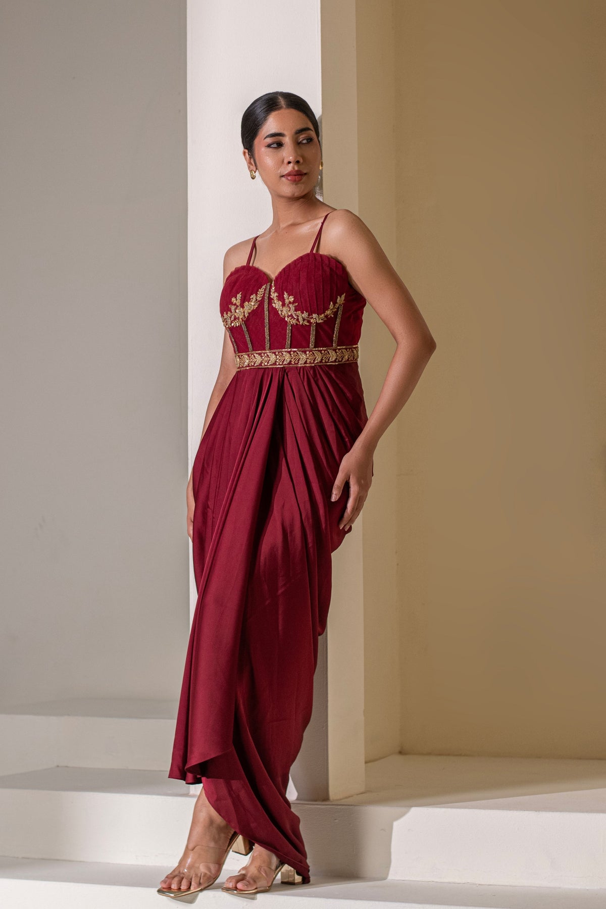 Maroon  Pre-Draped Saree Dress