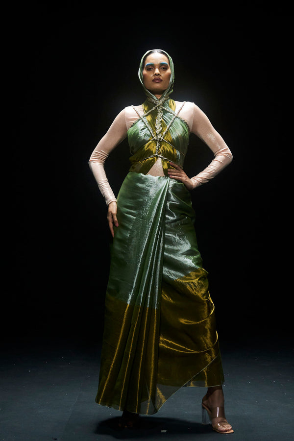 House Of Urrmi - Green and Gold Tissue Saree - Elahe