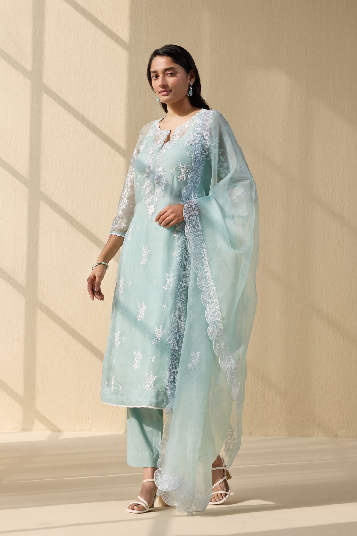Powder green Embroidered Organza Suit