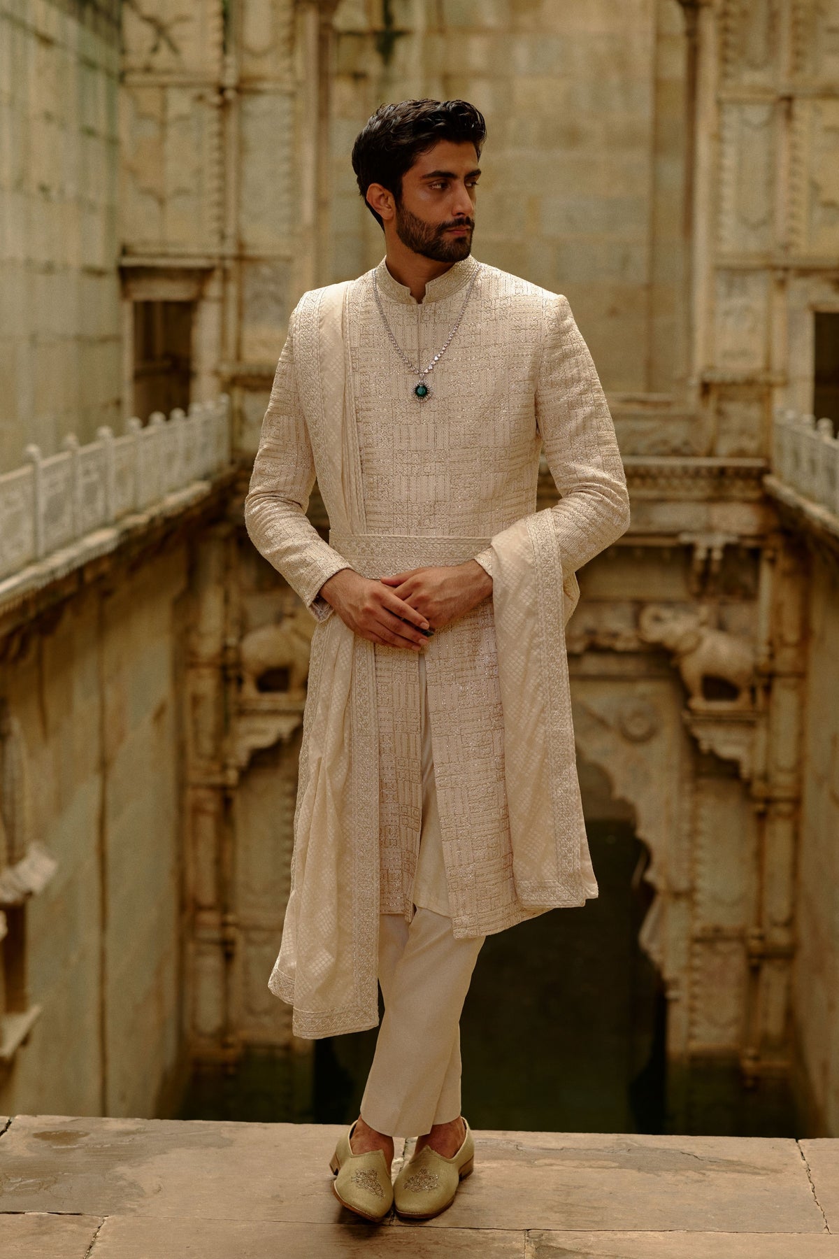 Beige Raw Silk Sherwani Set