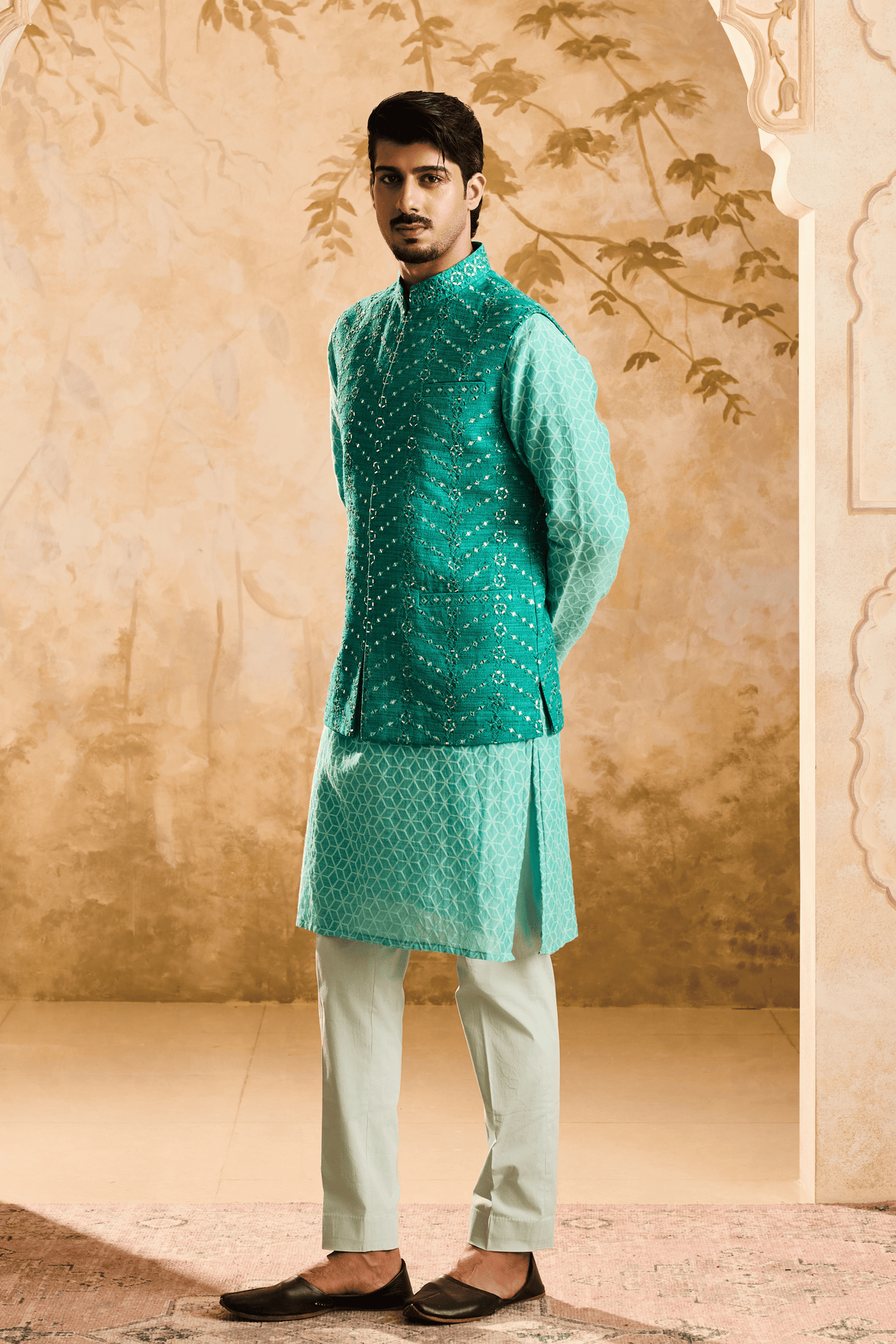Teal Mirrorwork Nehru Jacket Kurta Set