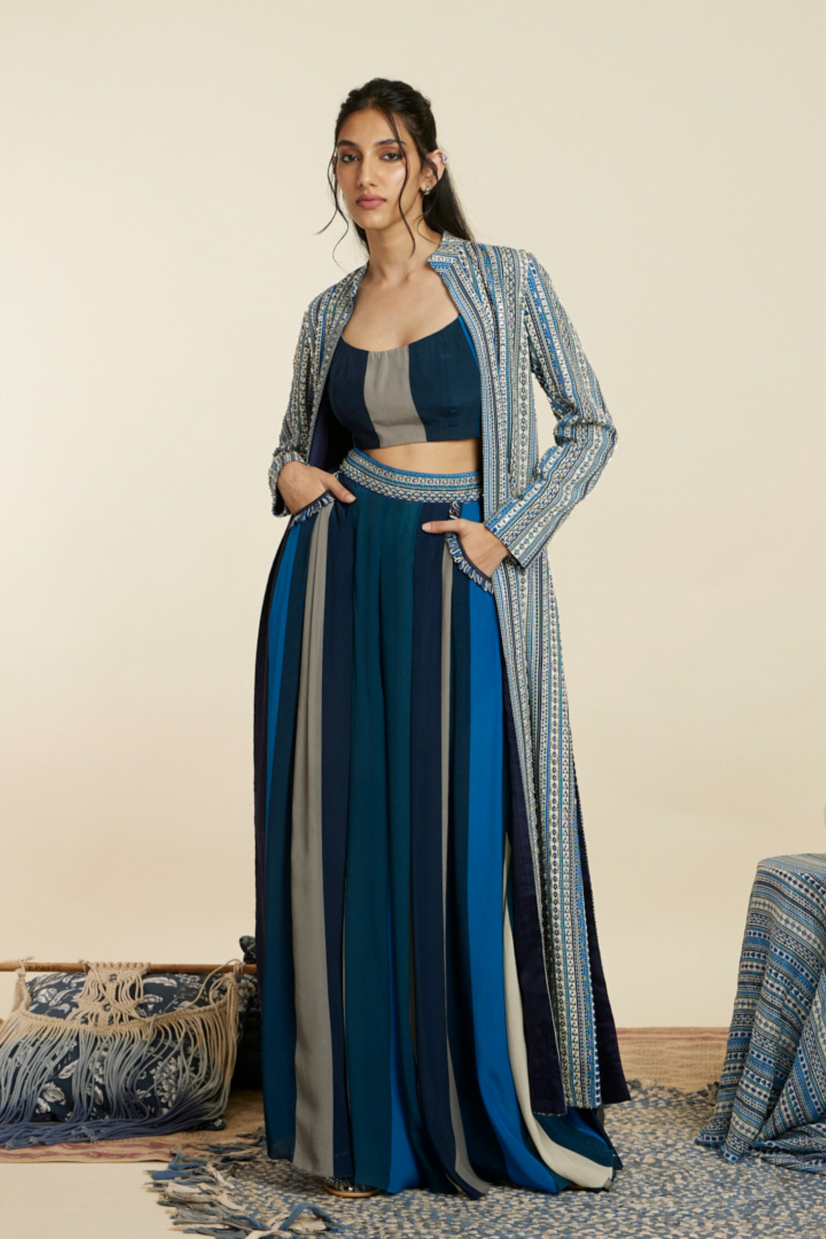 Blue Boho Stripe Embellished Jacket Set
