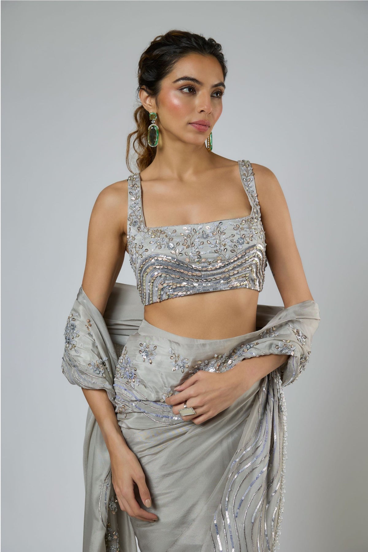 Grey Embroidered Draped Saree Set