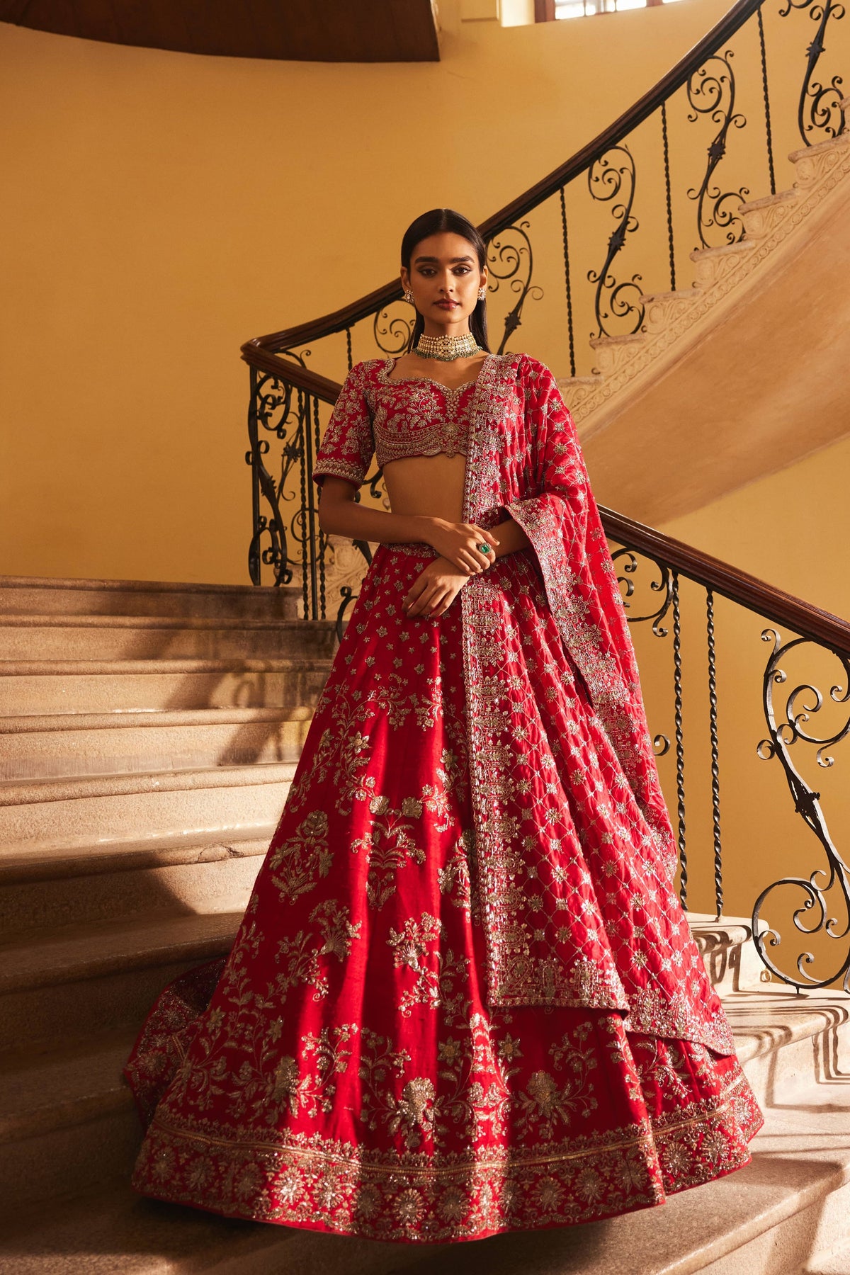 Red Embroidered Lehenga Set