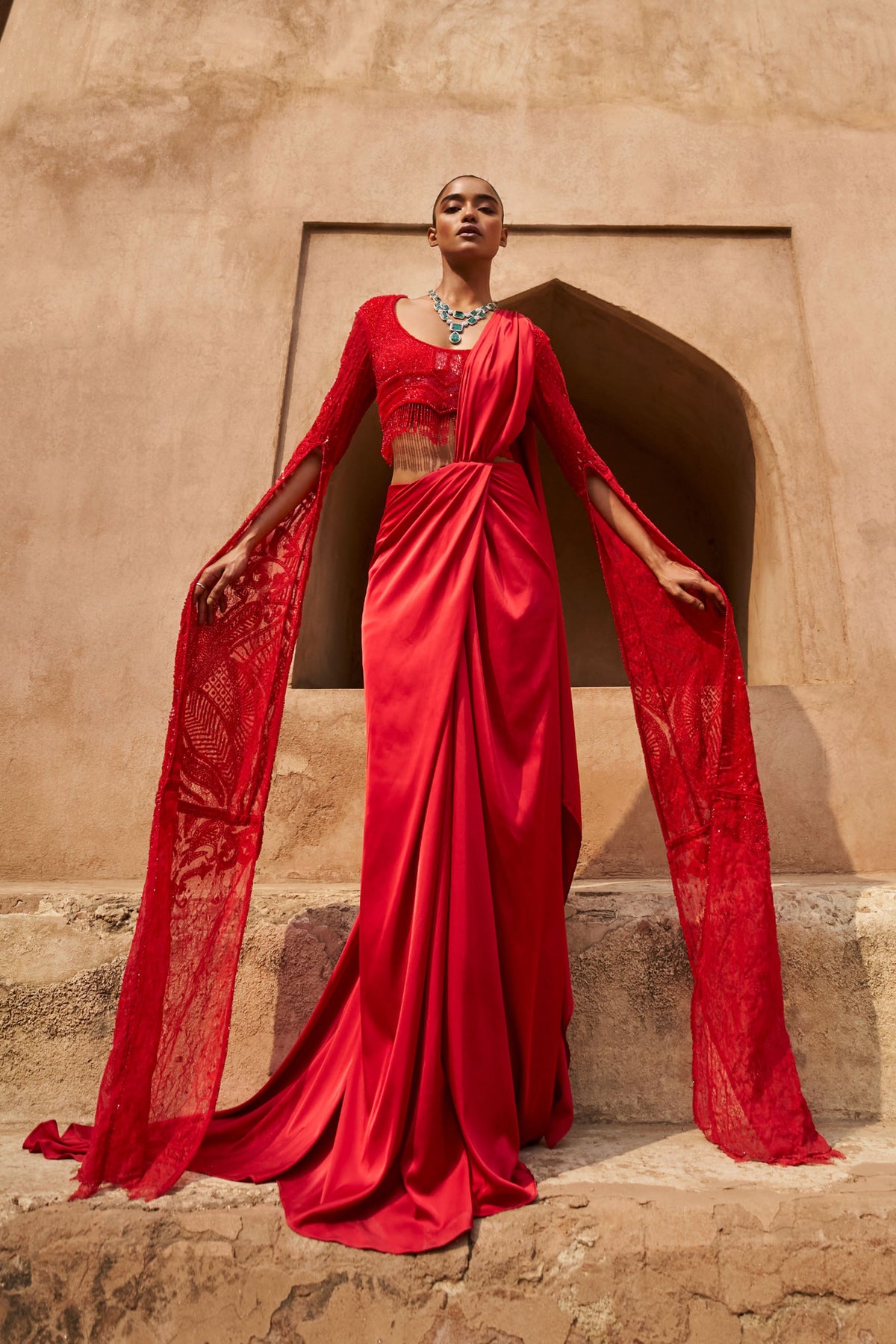 Red Moonlit Mirage Draped Saree Set