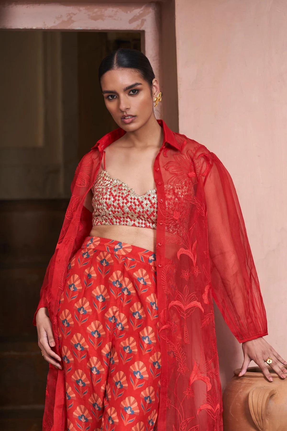 Red Moroccan Organza Shirt Dress Set