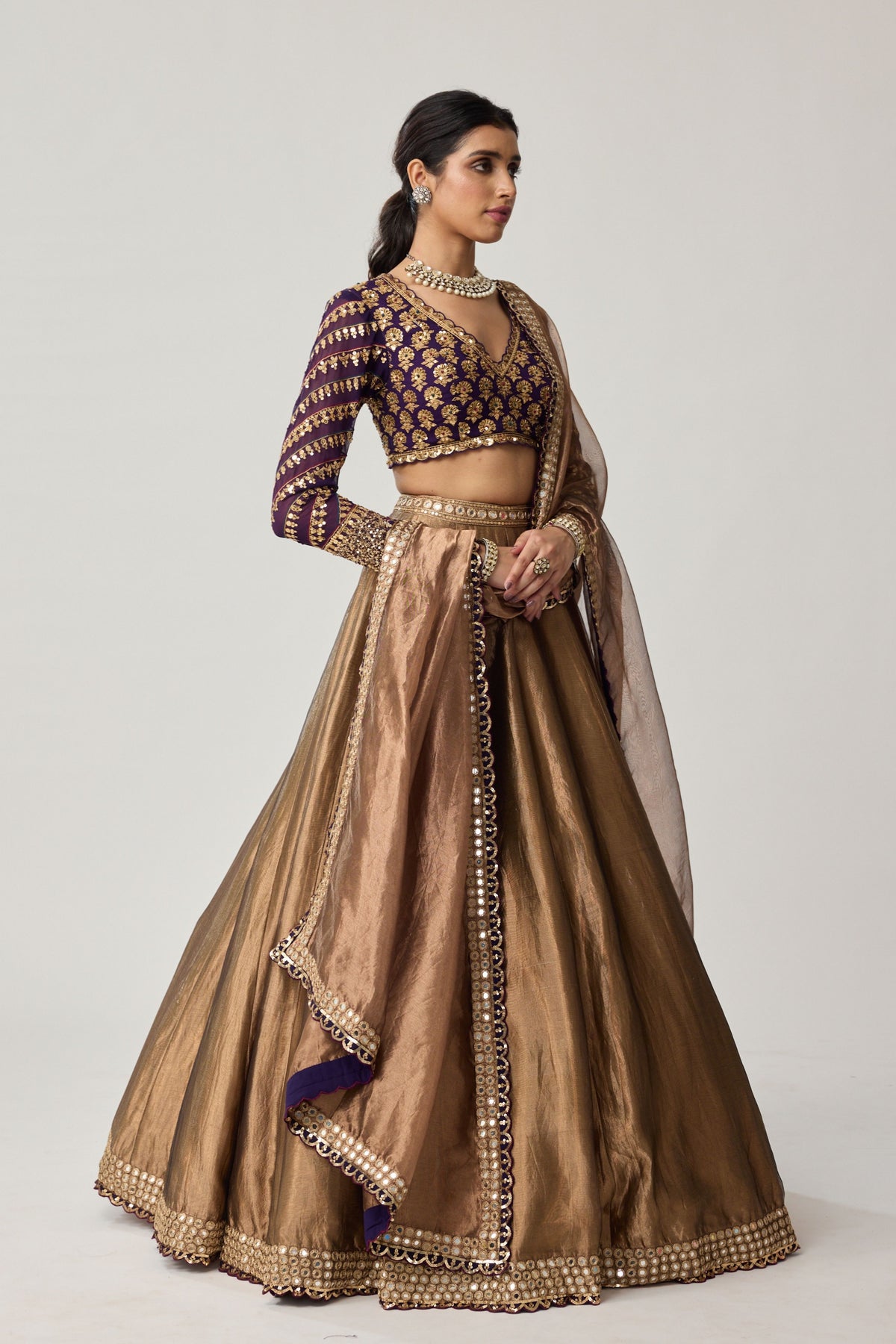 Copper Tissue Mughal Lehenga Set