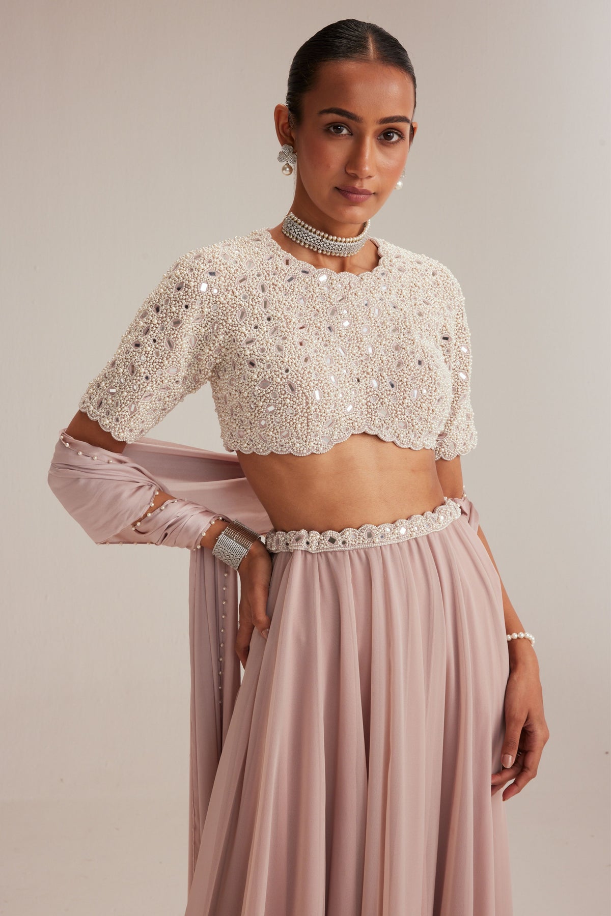 Ash Pink Pearl Skirt Set