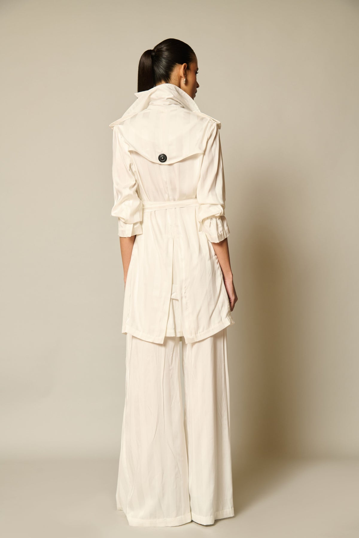 Checkmate Ivory Satin Striped Trench