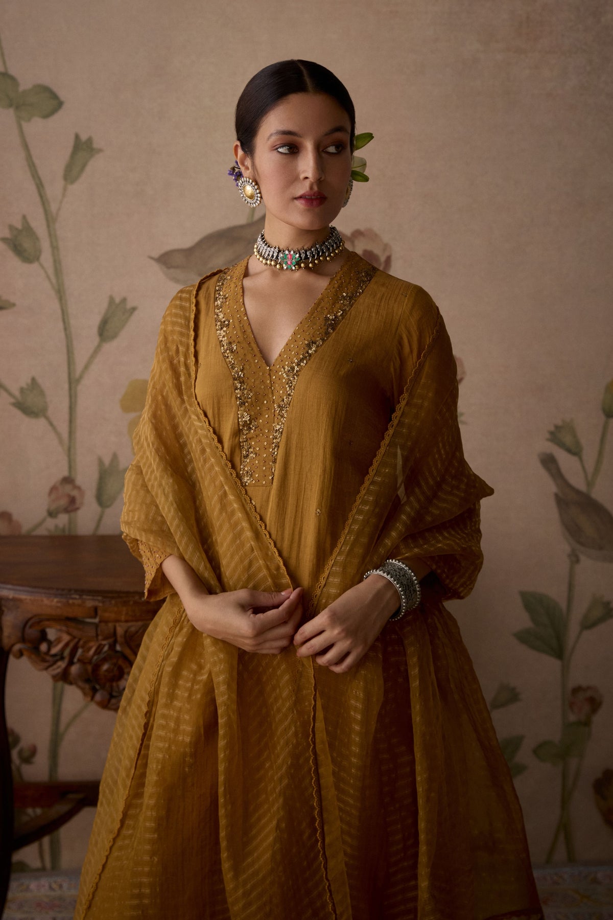 Mustard Hand Embroidered Kurta Set