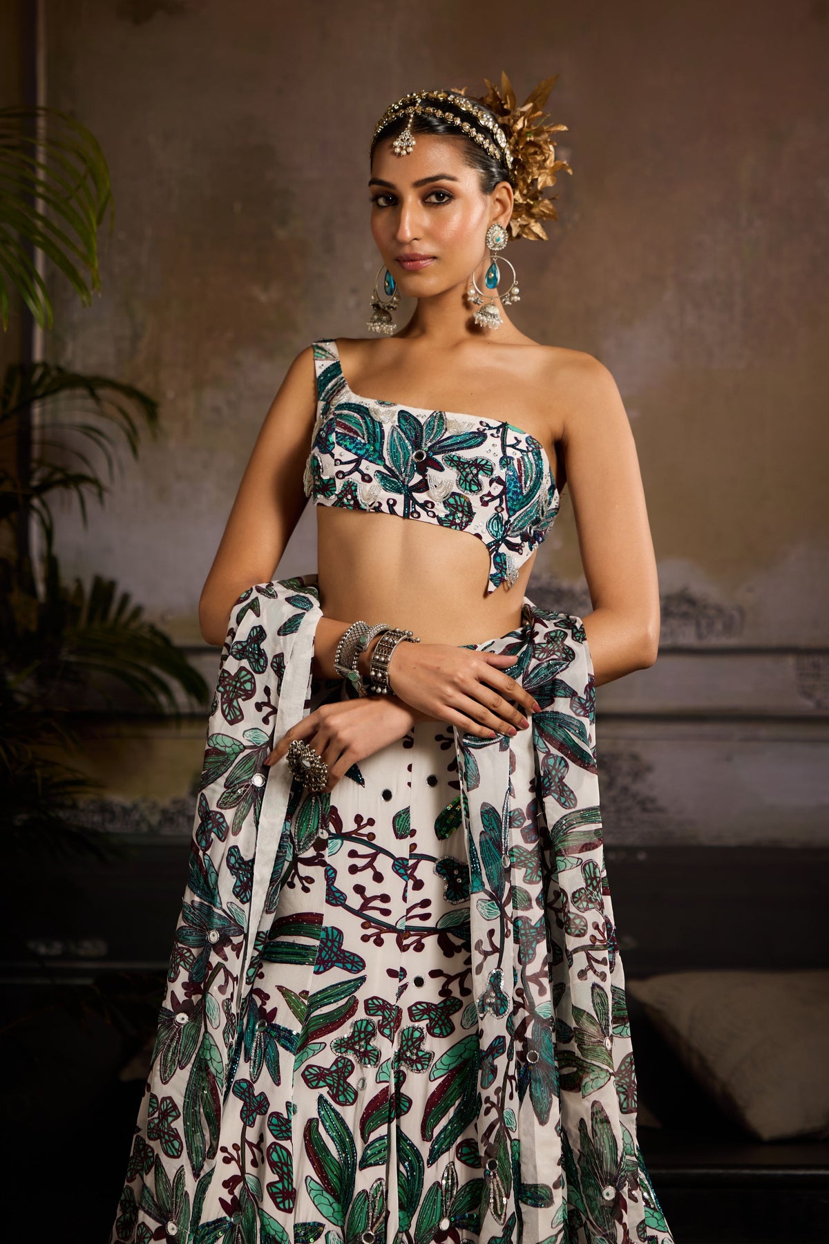 White and Teal Lehenga Set