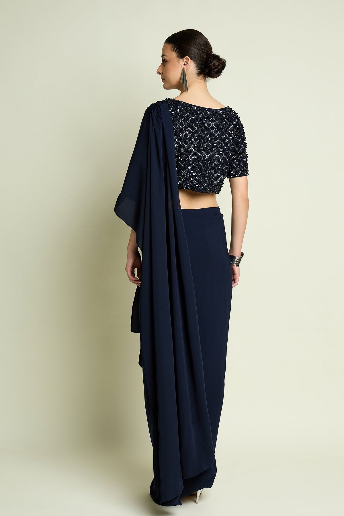 Crystal Navy Draped Saree Set