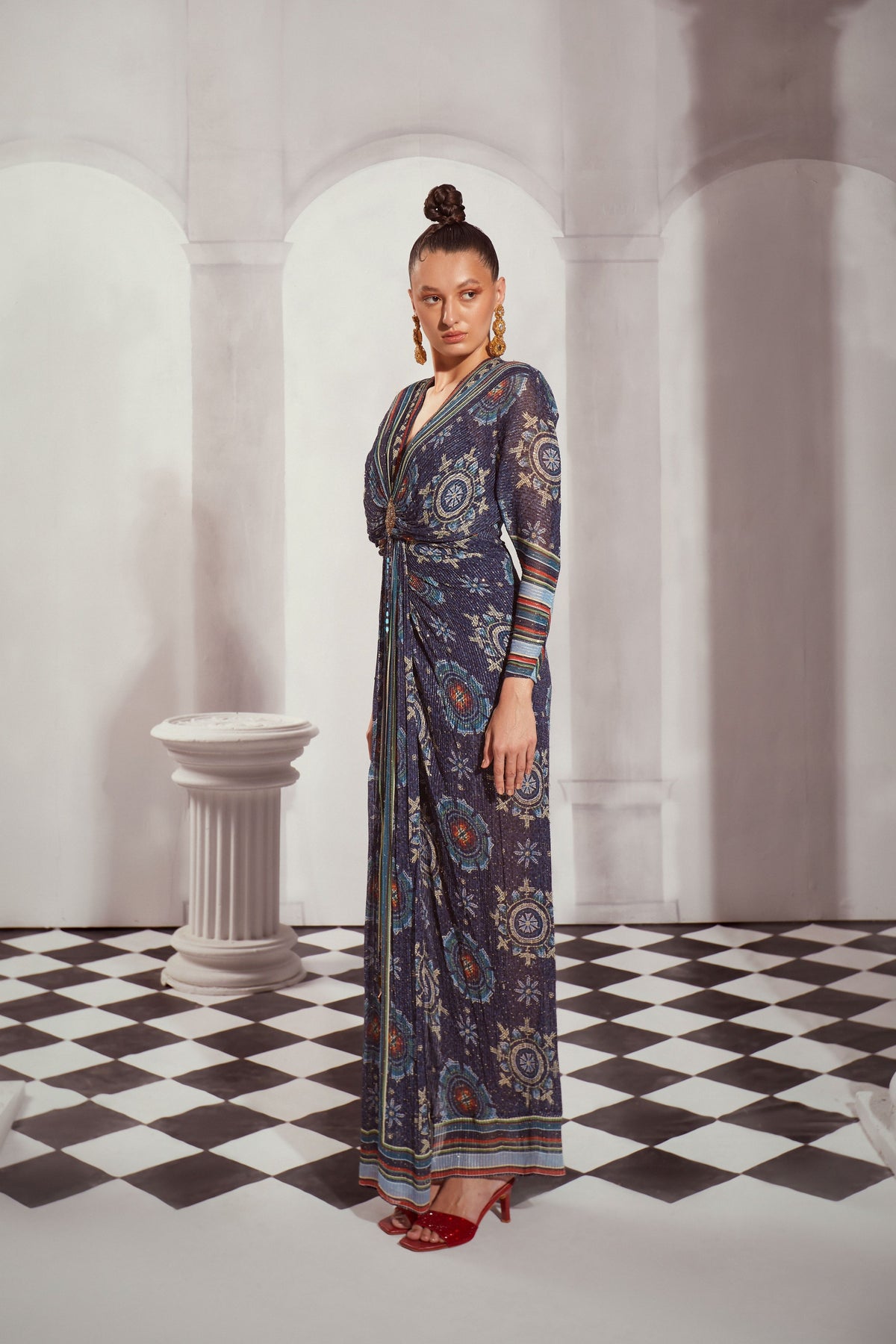 Blue Mosiac Print Draped Maxi Dress