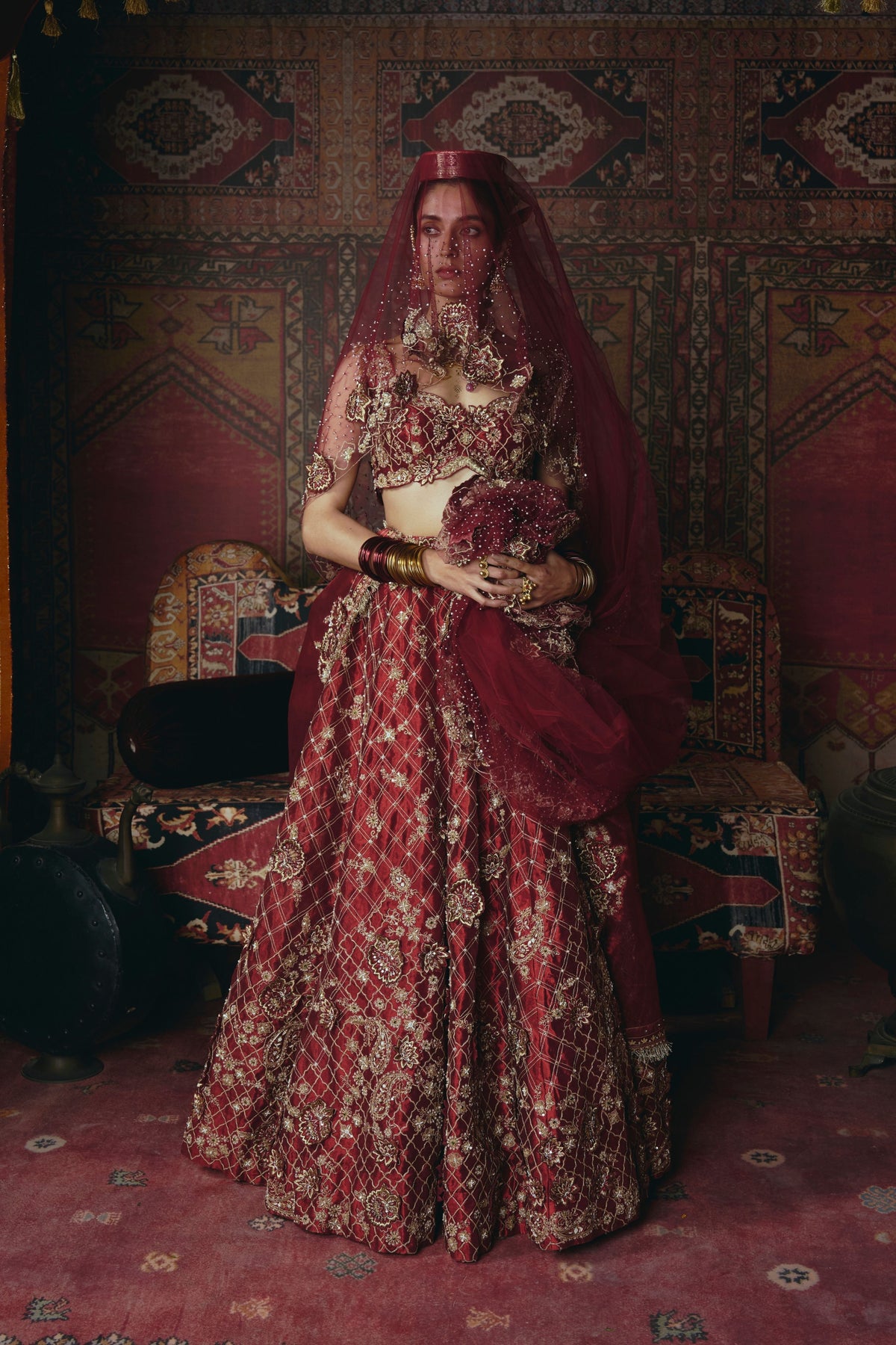 Maroon 3d Flower Lehenga Set