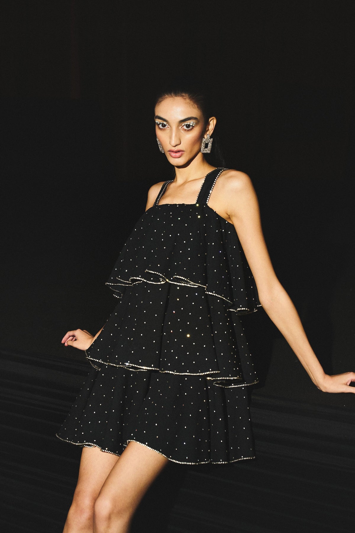 Black Layered Strappy Embellished Dress