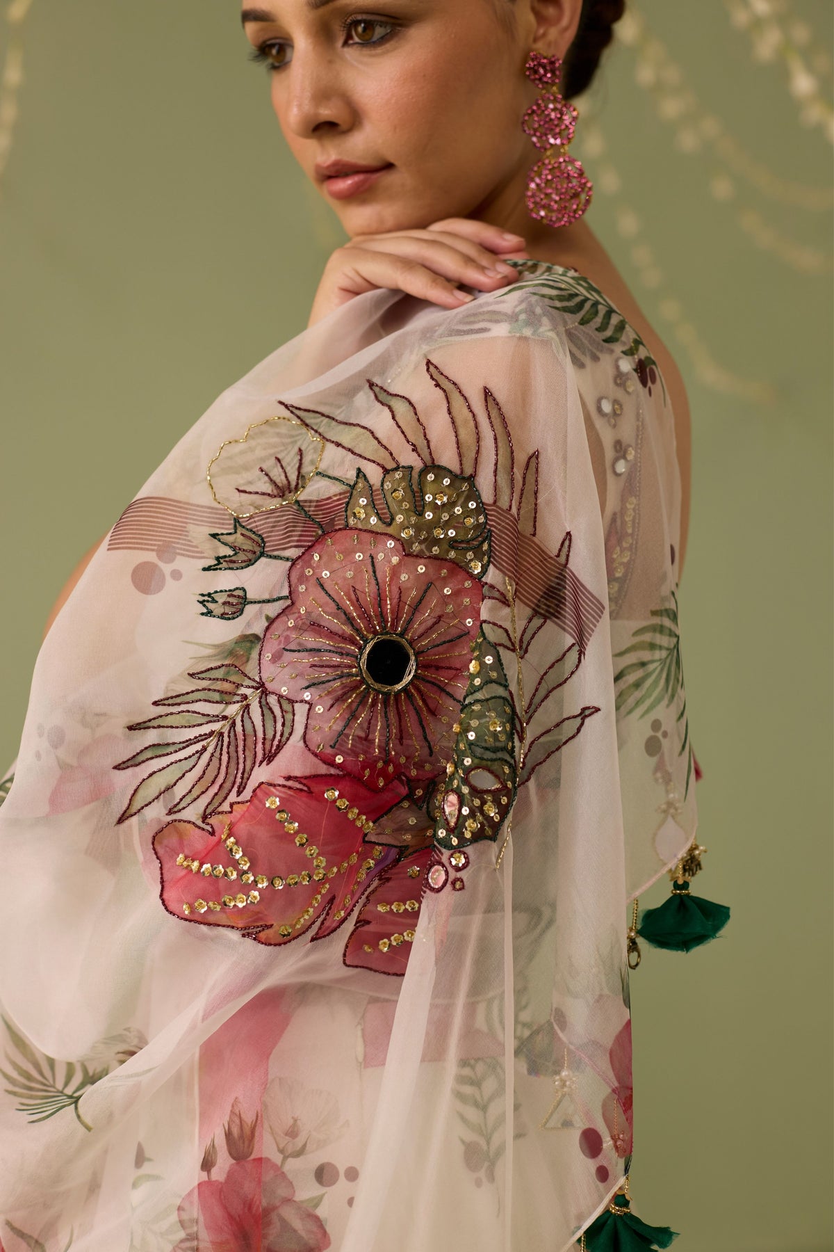 White Printed Organza Lehenga Set