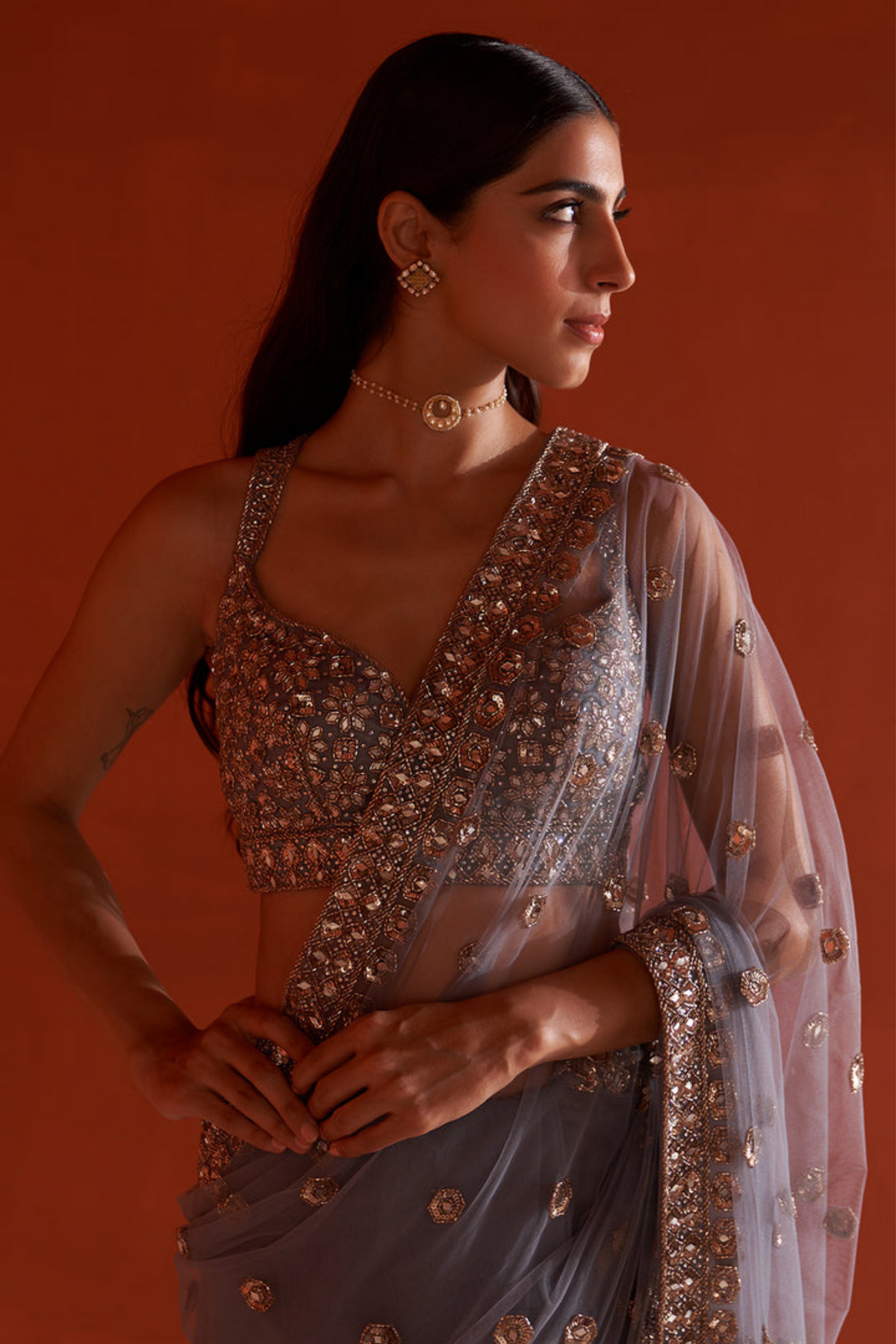 Grey Net Saree