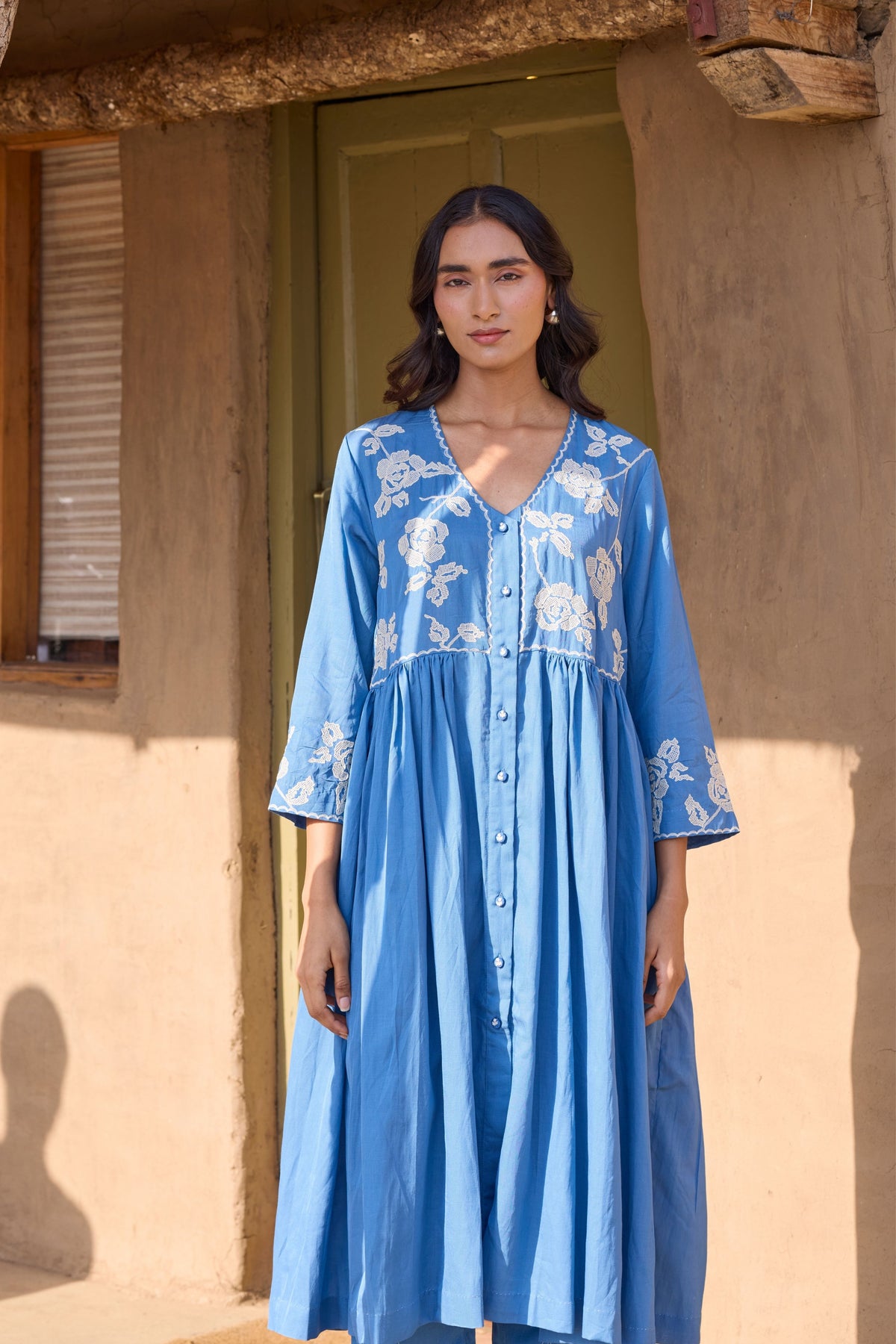 Blue Gathered Embroidered Kurta