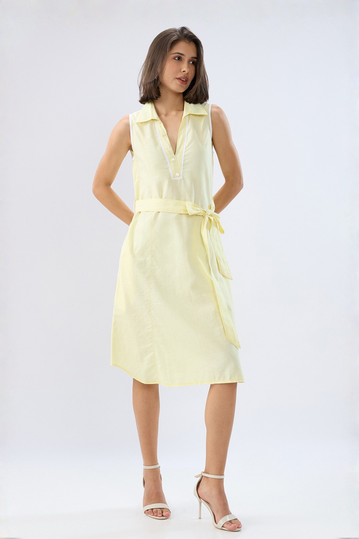 Yellow A-line Tie-up Dress
