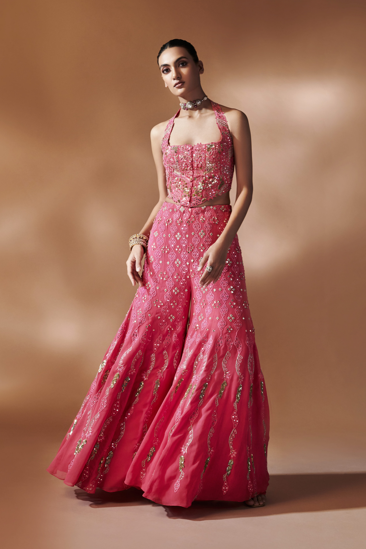 Pink High Waist Sharara With A Corset Blouse