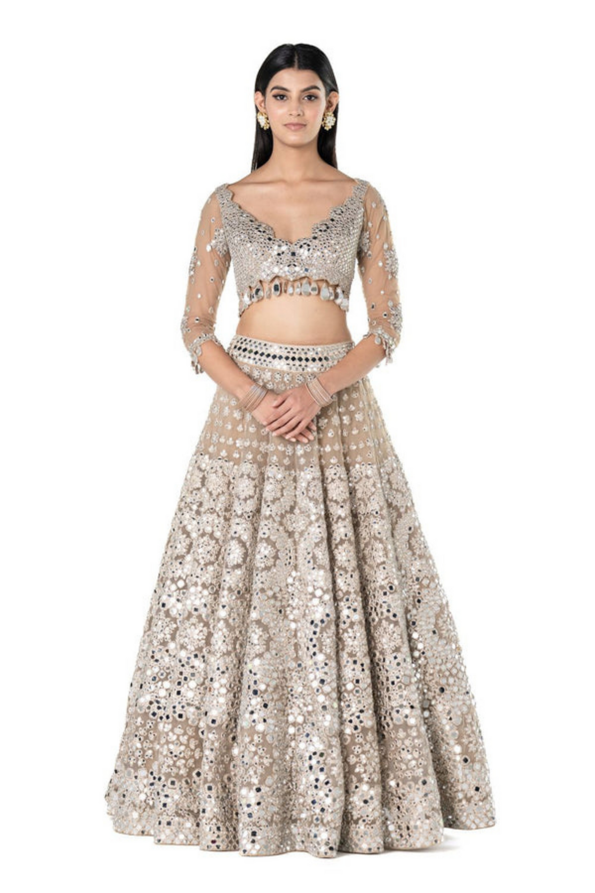 Mirror Work Lehenga Set in Beige