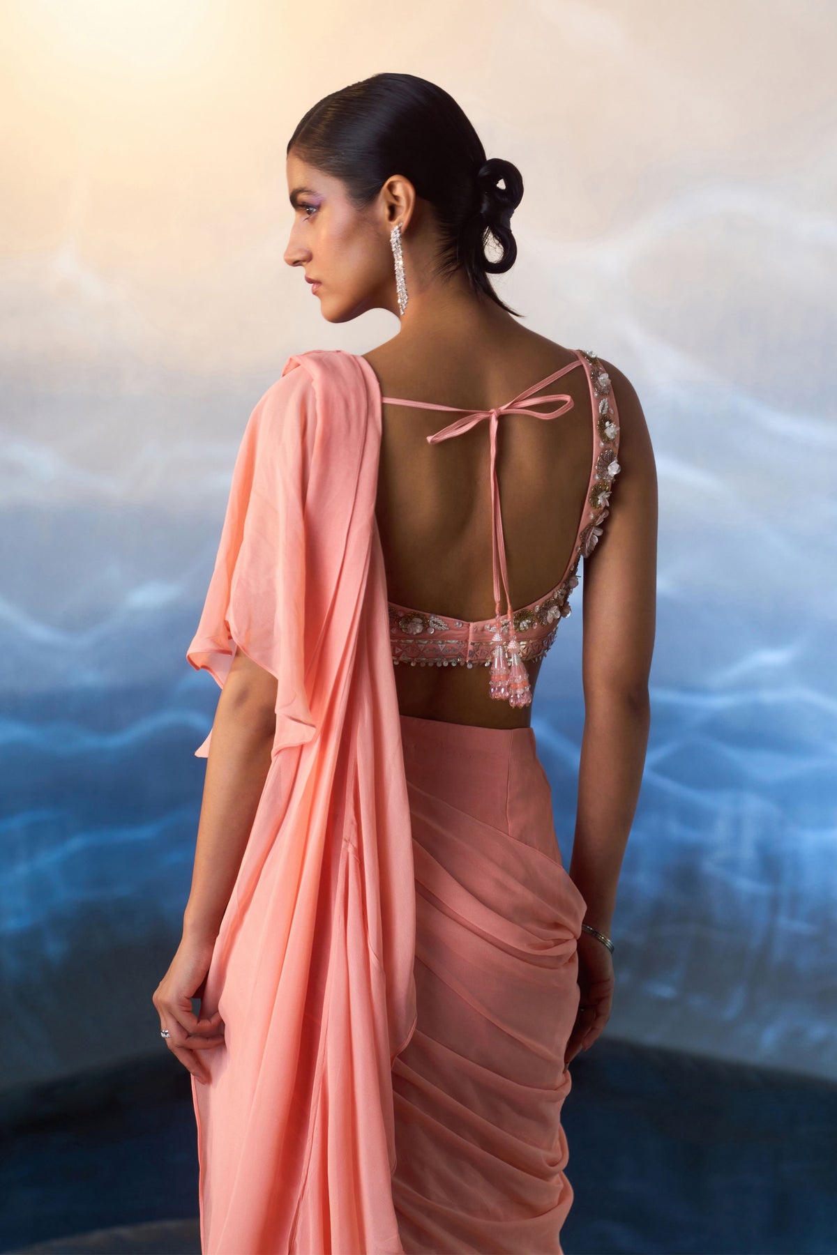Peach Drape Saree Set