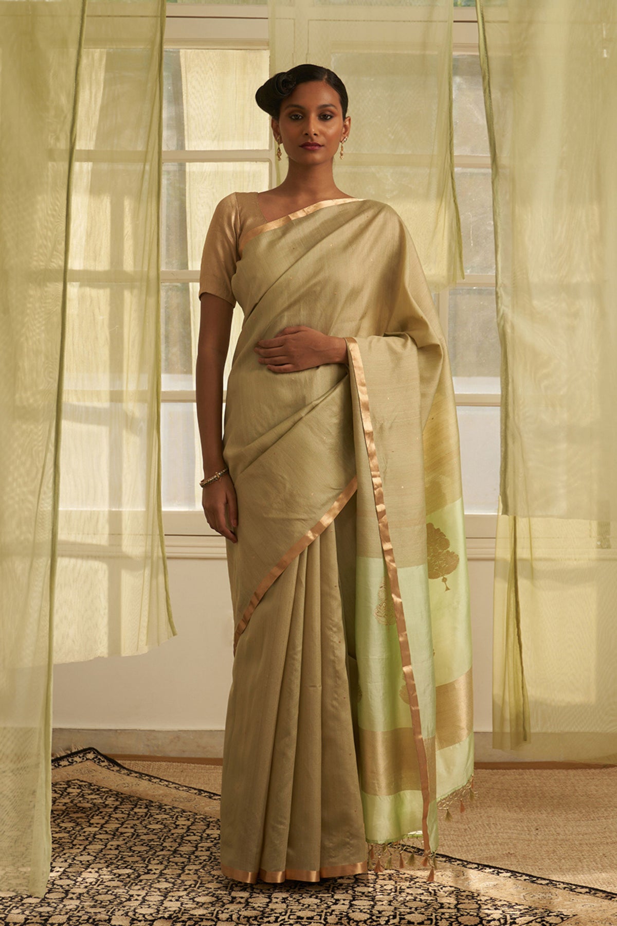 Sage Green Handloom Tussar Saree