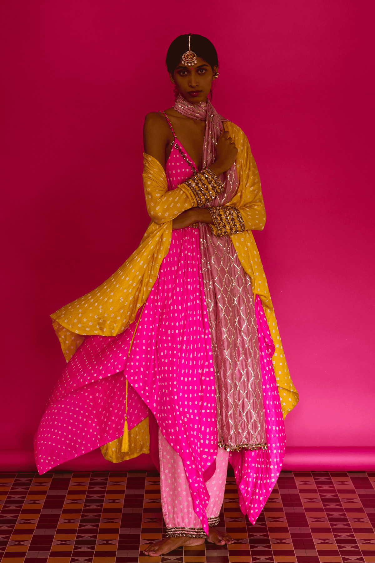 Pink Bandhani Jacket With Kurta Set