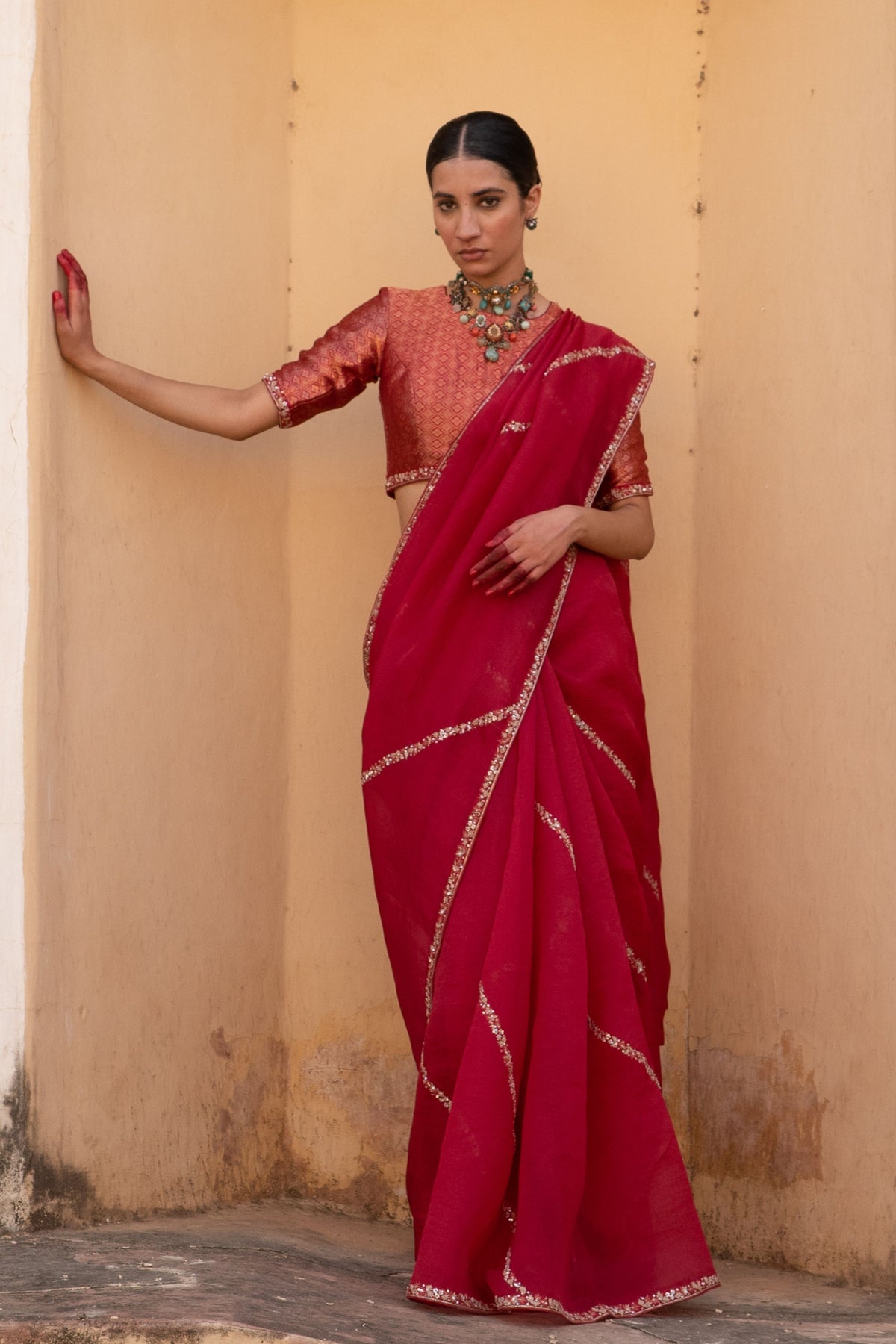 Pink Hand Embroidered Saree Set