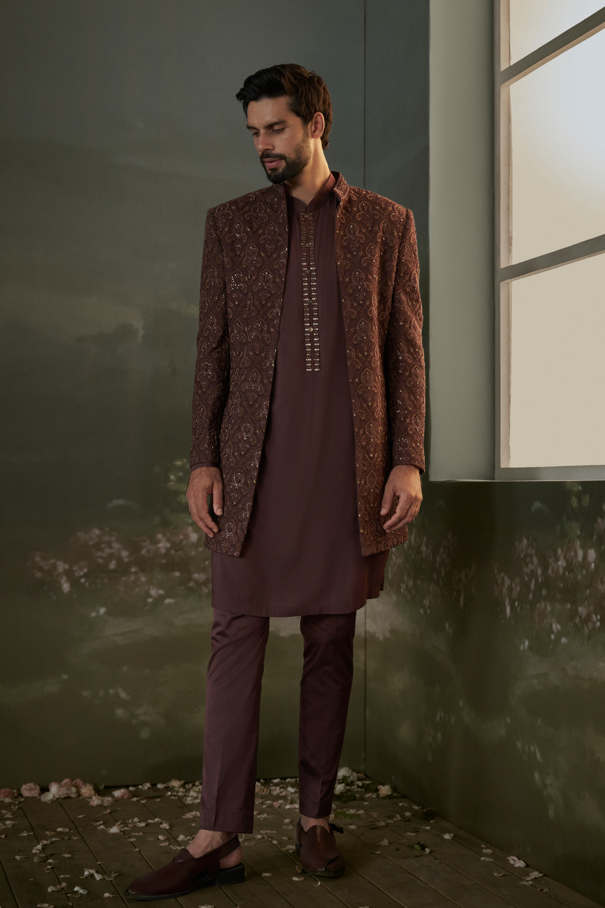 Chocolate brown embroidered short sherwani Set
