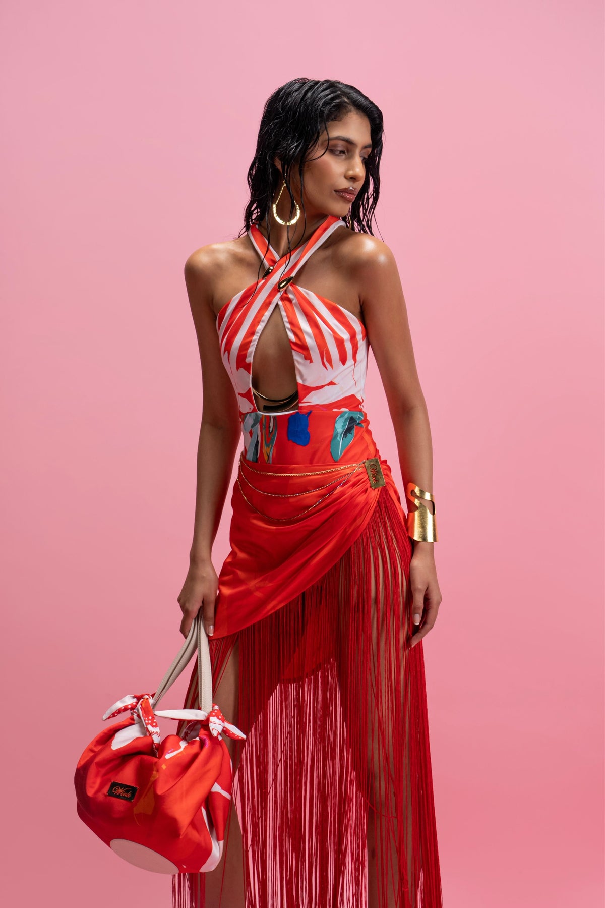 Halter Bodysuit Wrap Skirt Set