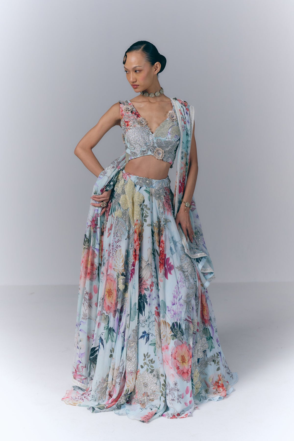 Ivory Aqua Bloom Lehenga Set