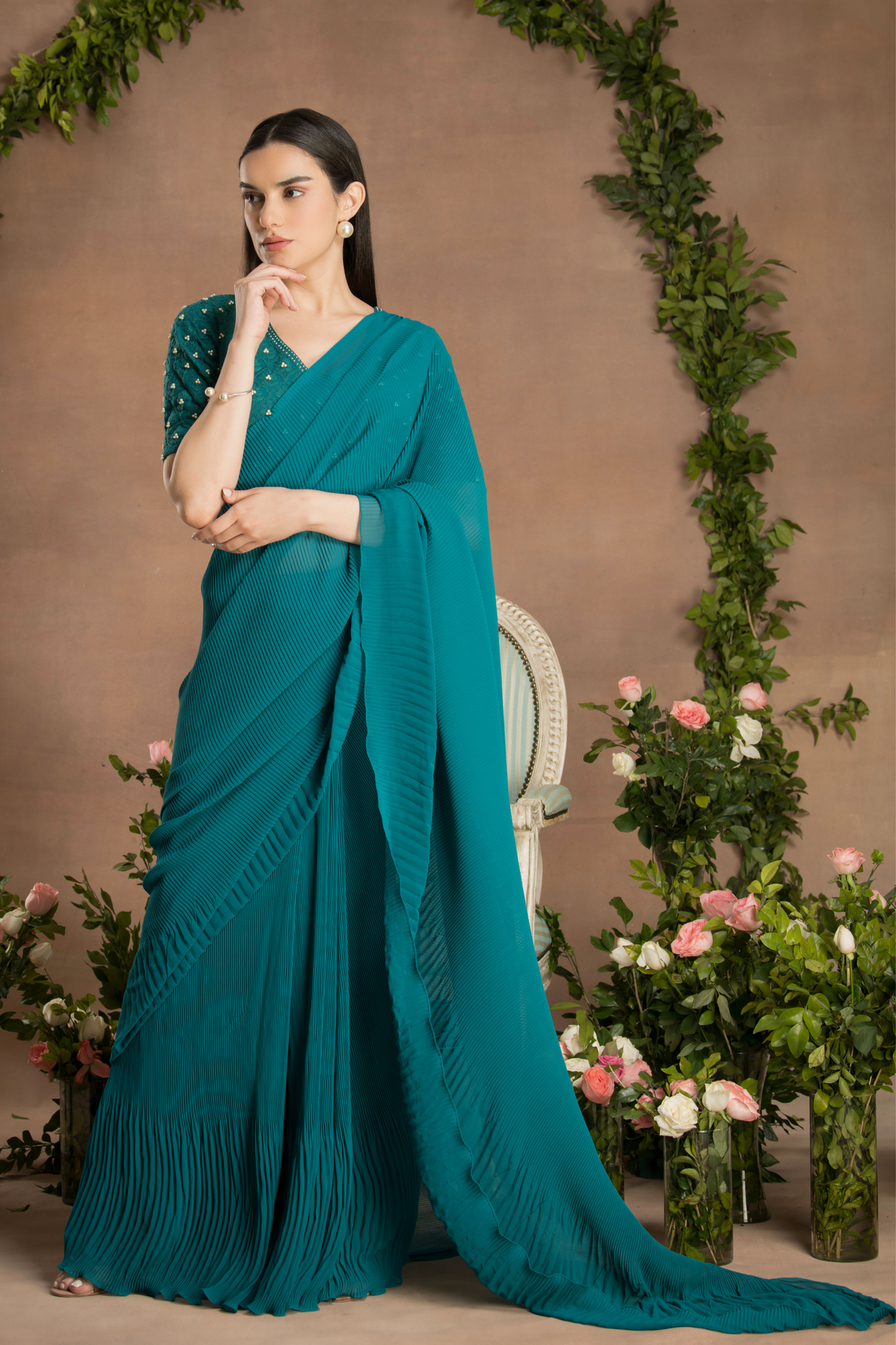 Pre Draped Pine Green Saree