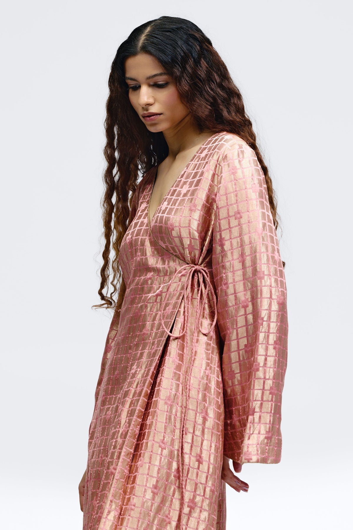 Grid Onion Pink Angrakha Kurta Set